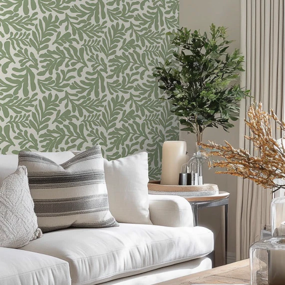 Coral Leaf Wallpaper in Pistachio on Cream - Image 2