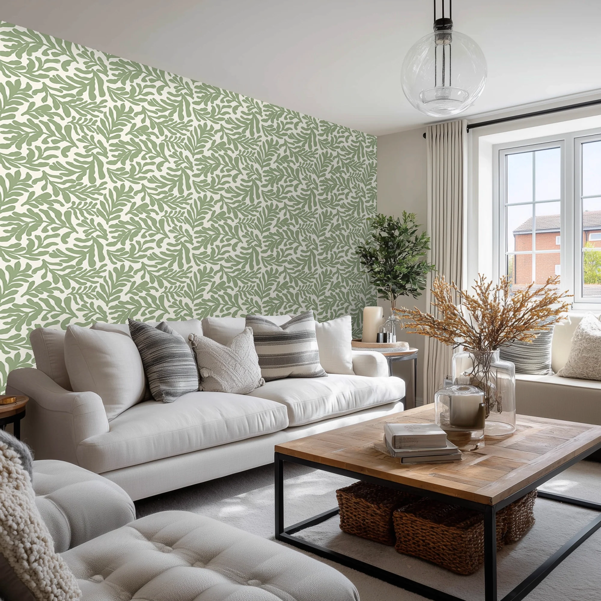 Coral Leaf Wallpaper in Pistachio on Cream - Image 3