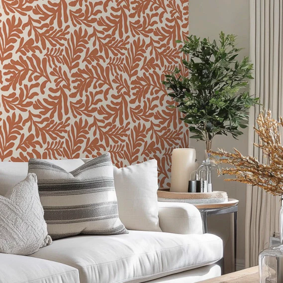 Coral Leaf Wallpaper in Terracotta on Cream - Image 2