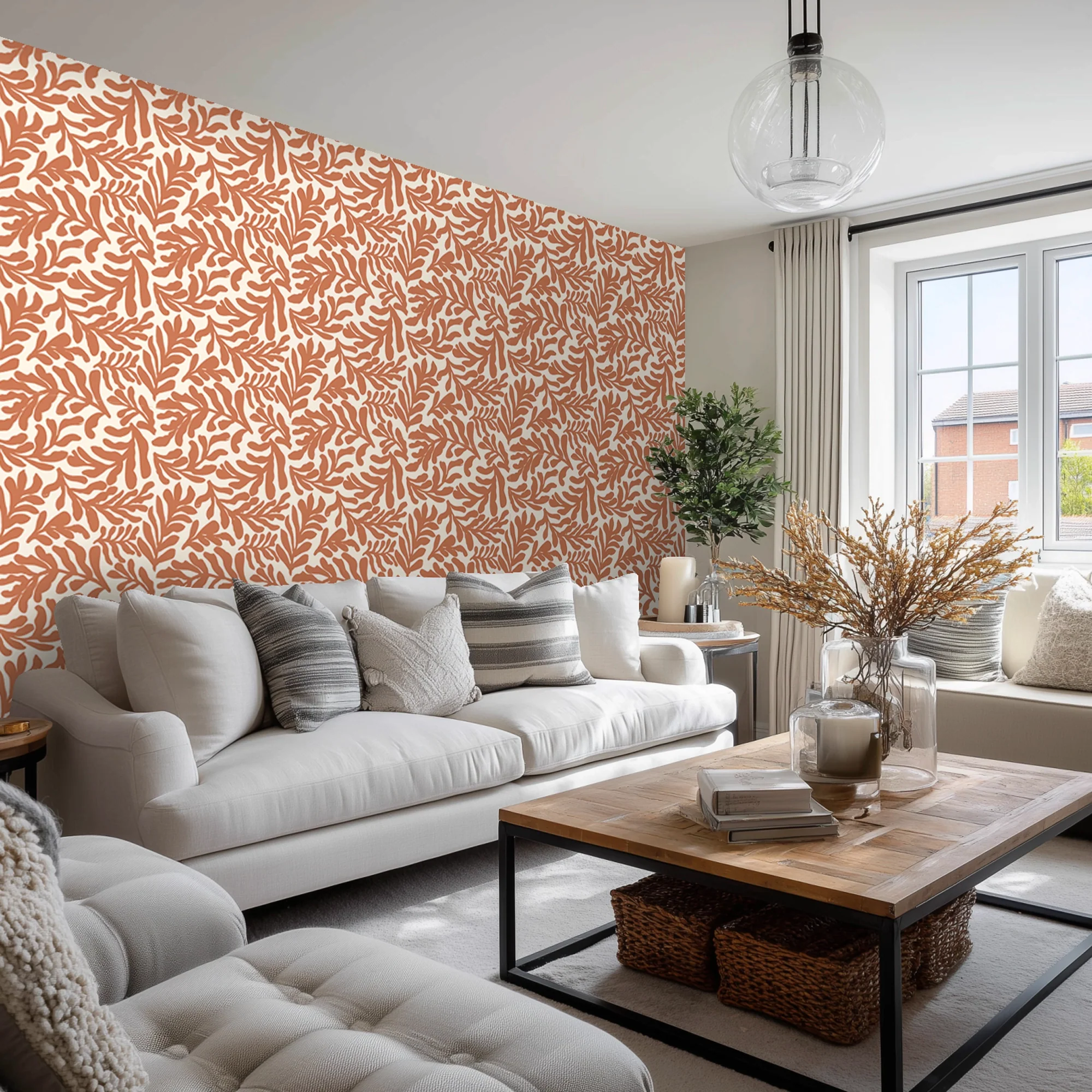 Coral Leaf Wallpaper in Terracotta on Cream - Image 3