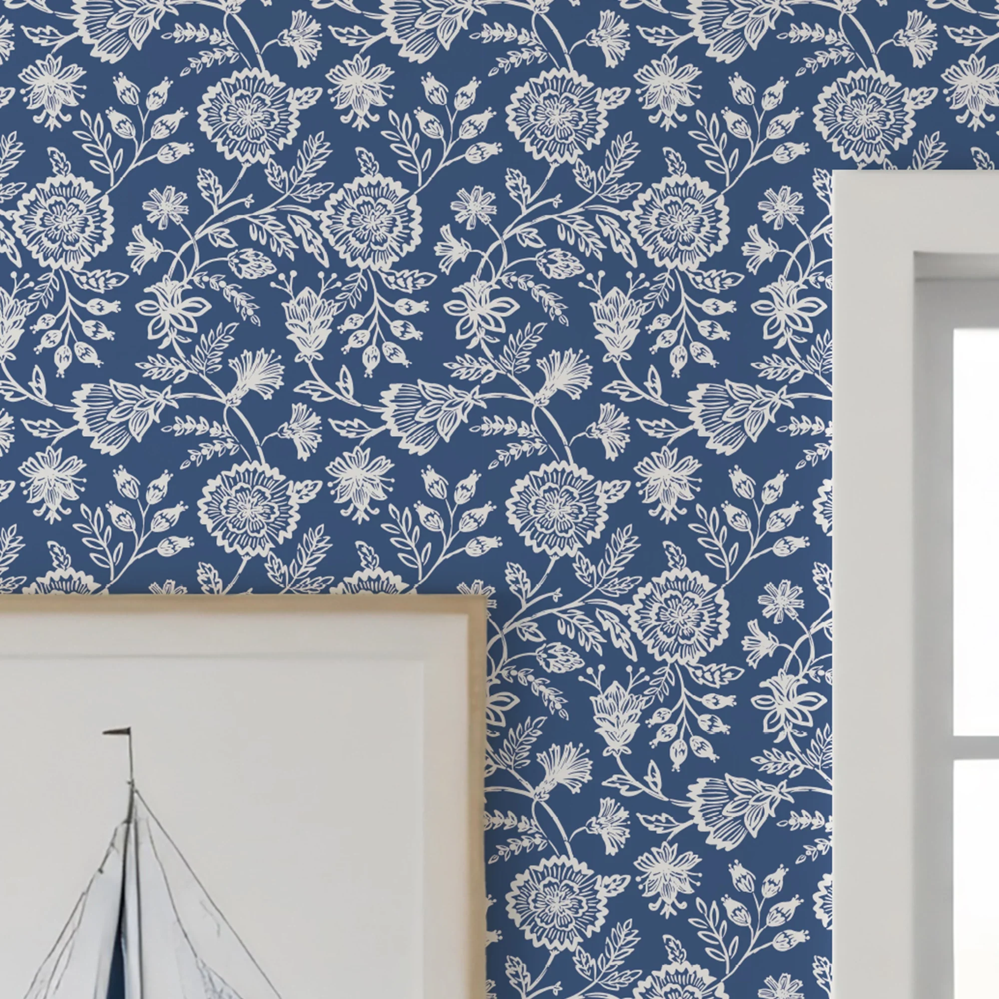 Country Floral Wallpaper in Blue - Image 2