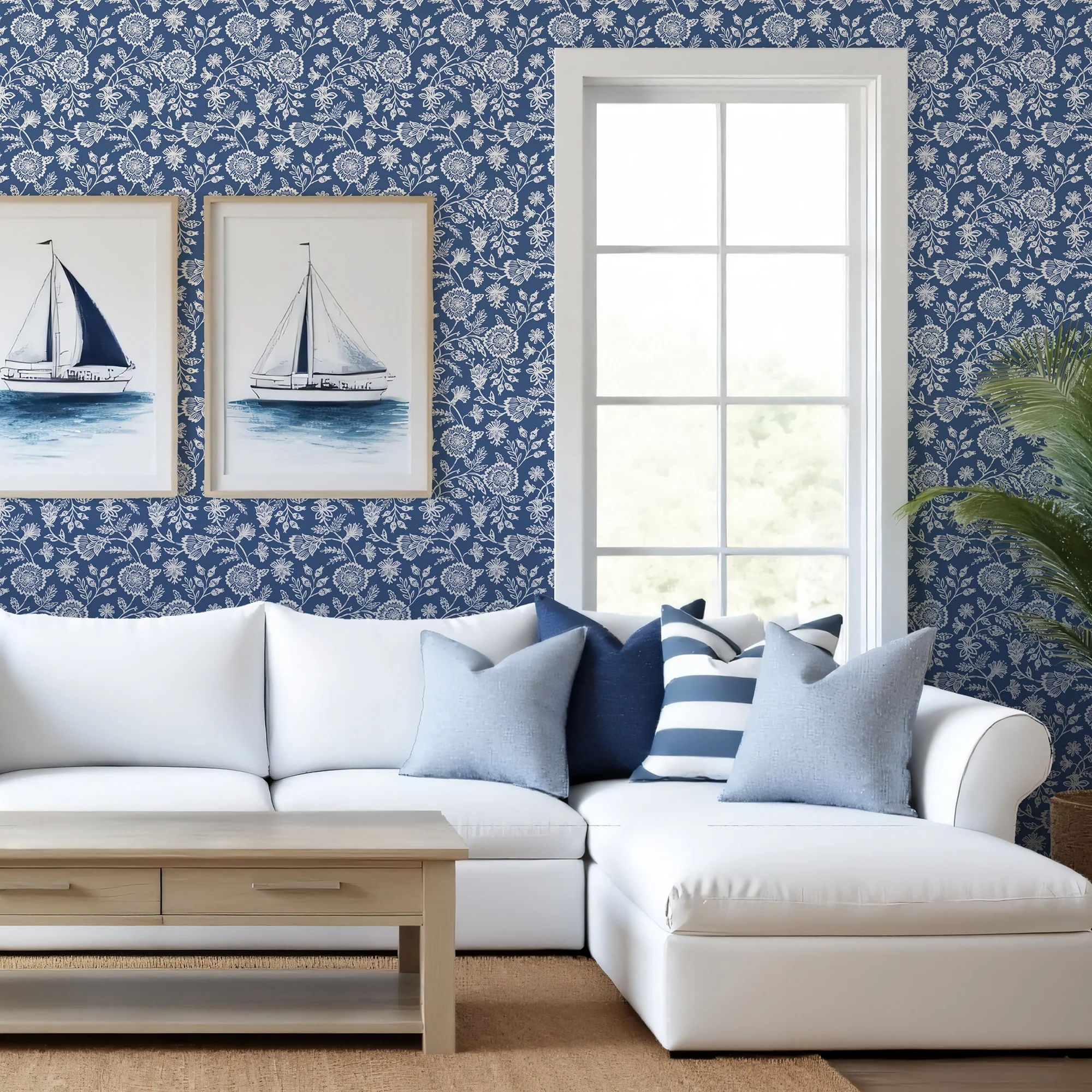 Country Floral Wallpaper in Blue - Image 3