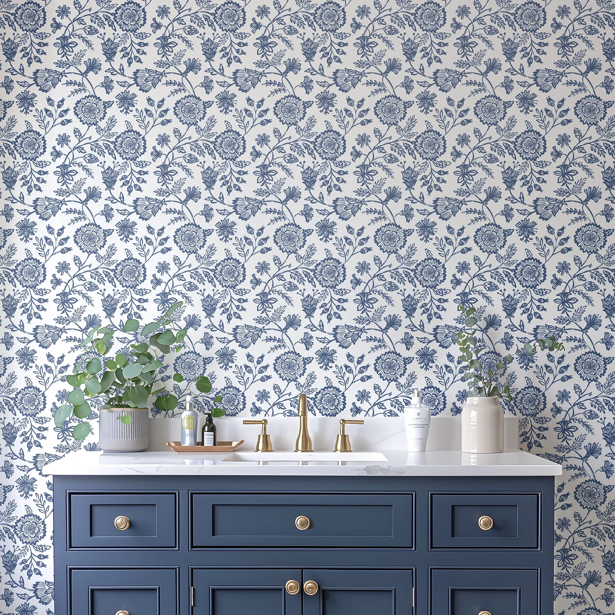 Country Floral Wallpaper in Blue on White - Image 2