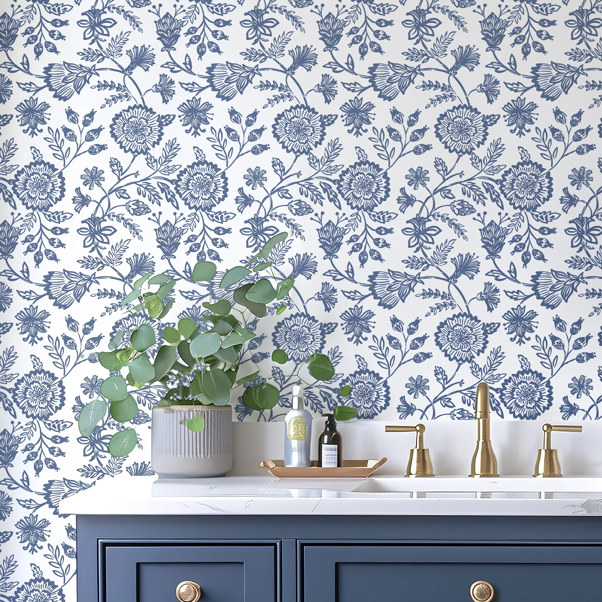 Country Floral Wallpaper in Blue on White - Image 3