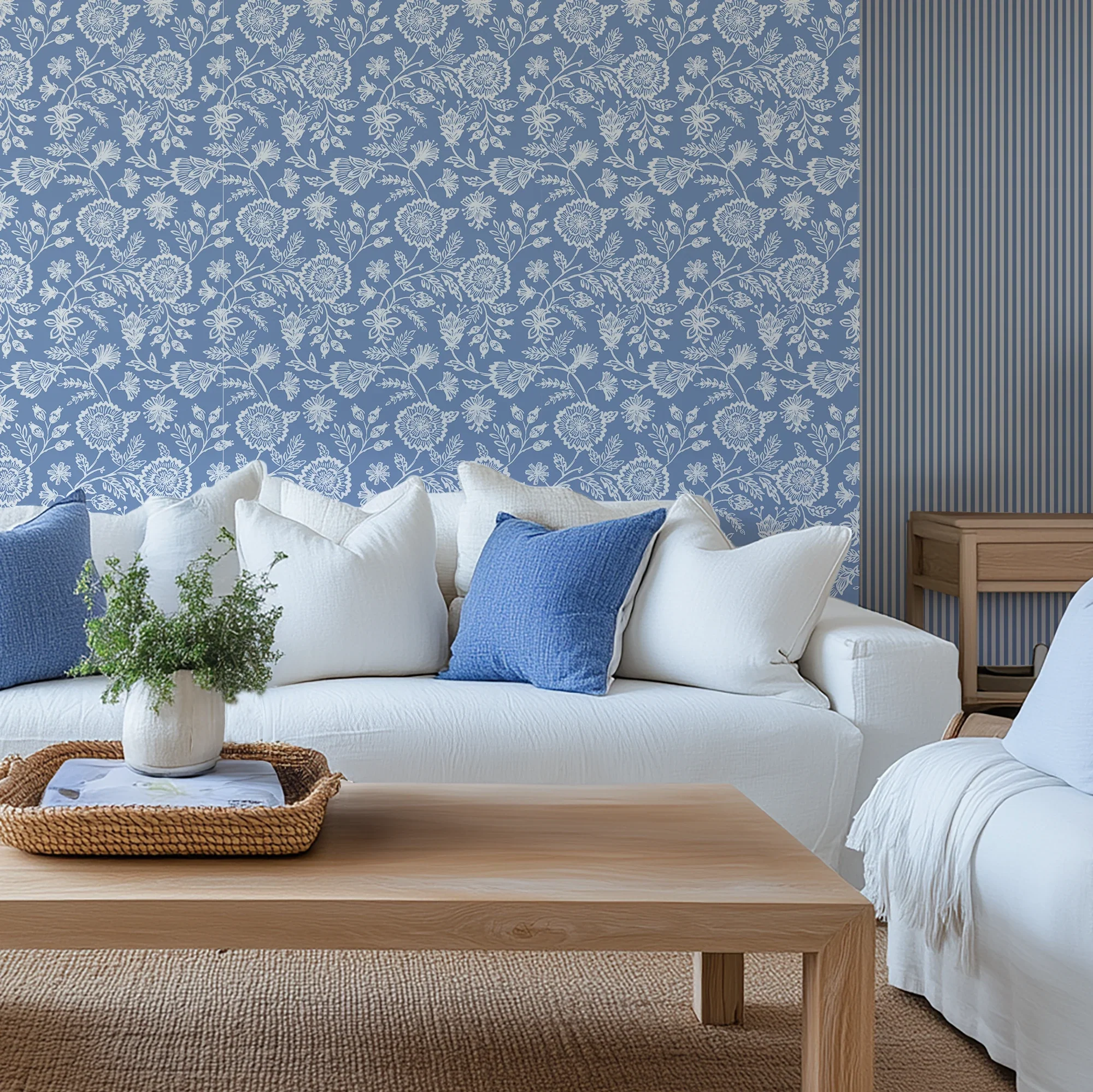 Country Floral Wallpaper in Cornflower Blue - Image 2