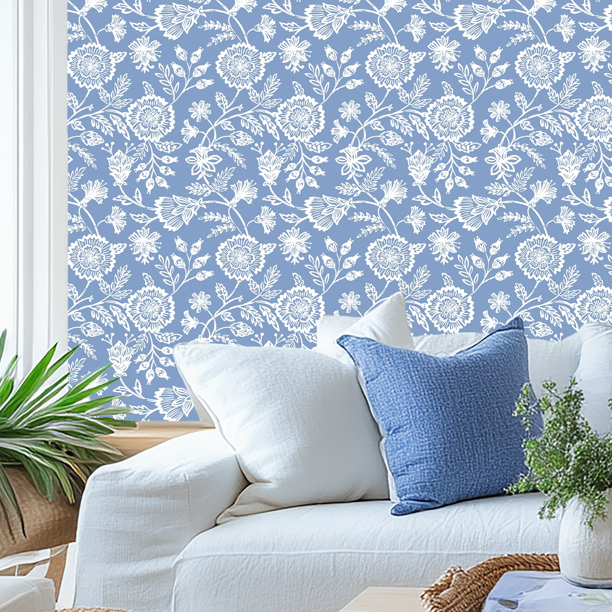 Country Floral Wallpaper in Cornflower Blue - Image 3