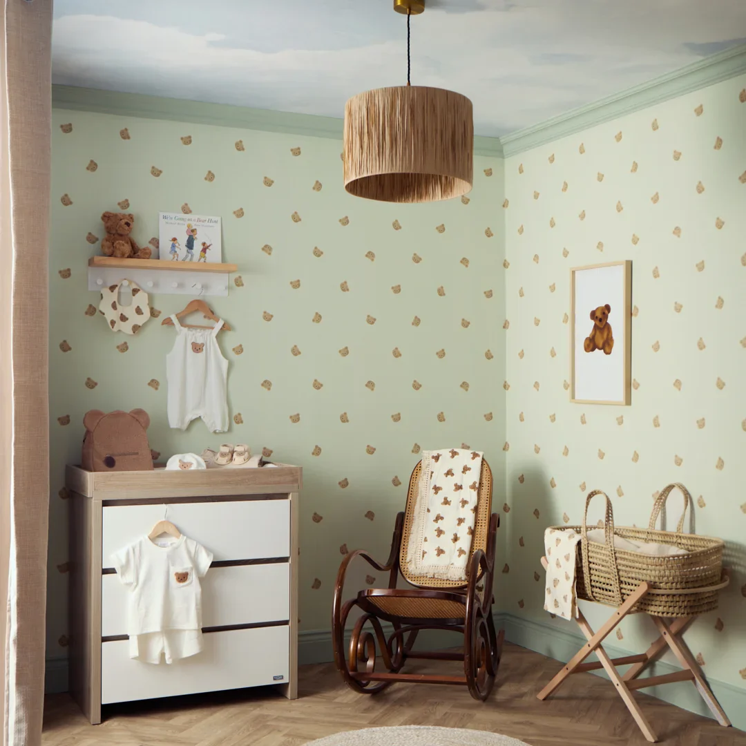 Cozy Bear Wallpaper in Soft Sage - Image 2
