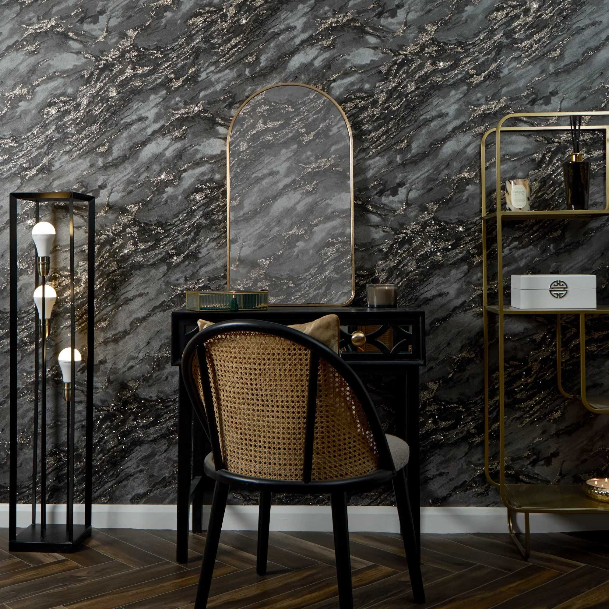 Decadence Wallpaper in Charcoal and Black with Gold Glitter - Image 2