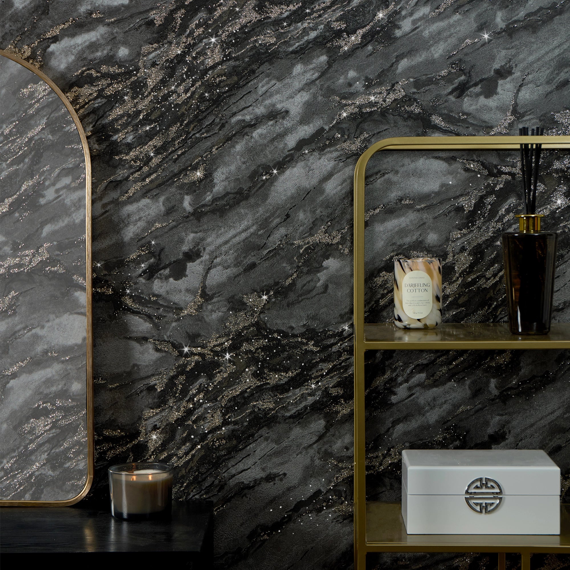 Decadence Wallpaper in Charcoal and Black with Gold Glitter - Image 3