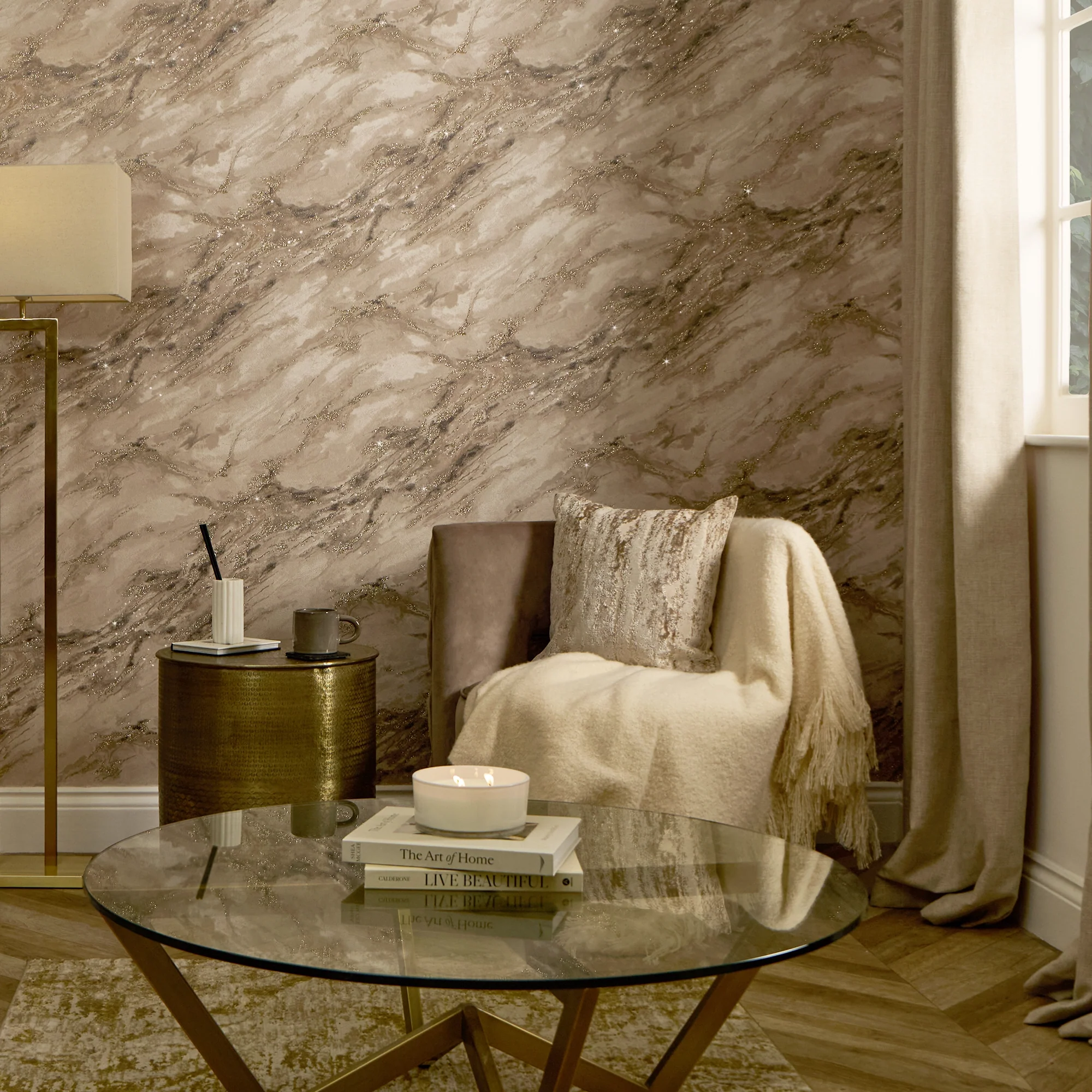 Decadence Wallpaper in Latte with Gold Glitter - Image 2