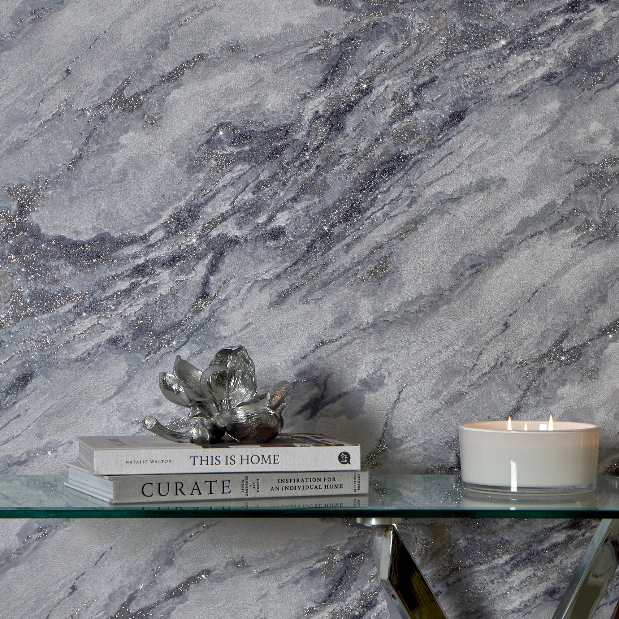 Decadence Wallpaper in Light Grey and Blue Grey with Silver Glitter - Image 3