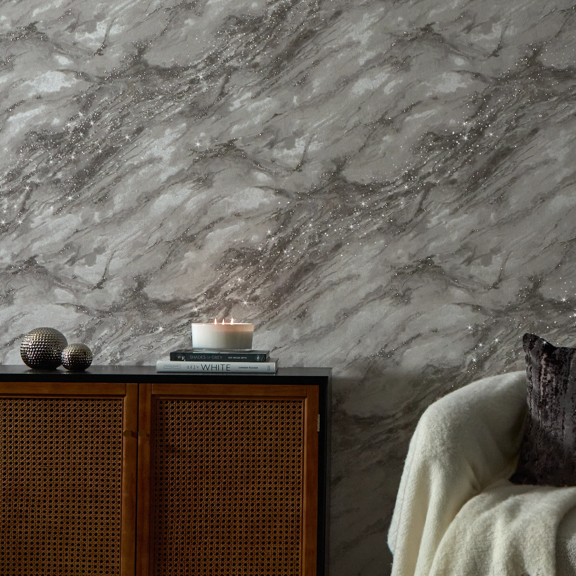 Decadence Wallpaper in Light Grey and Grey with Silver Glitter - Image 2