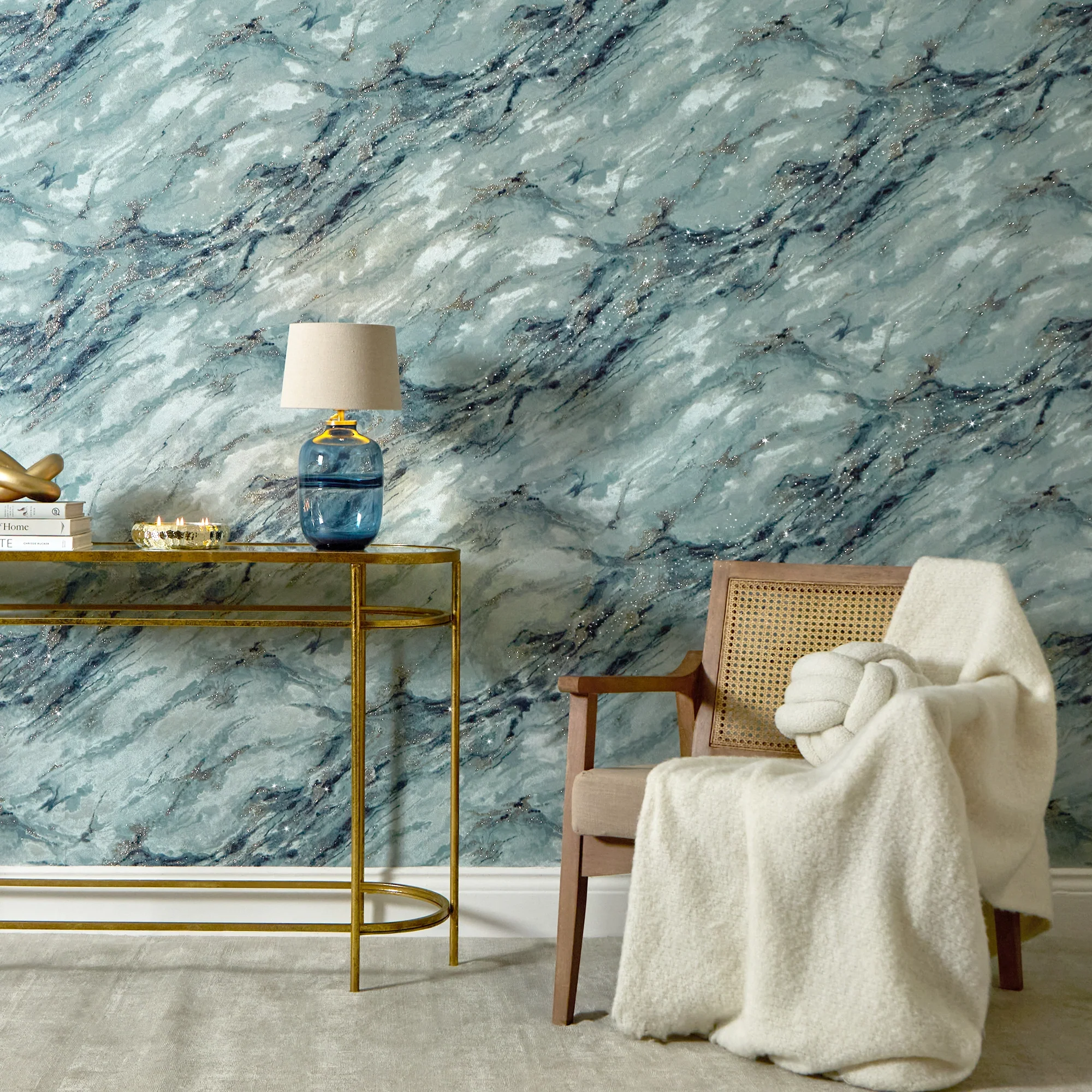 Decadence Wallpaper in Teal and Blue with Gold Glitter - Image 2