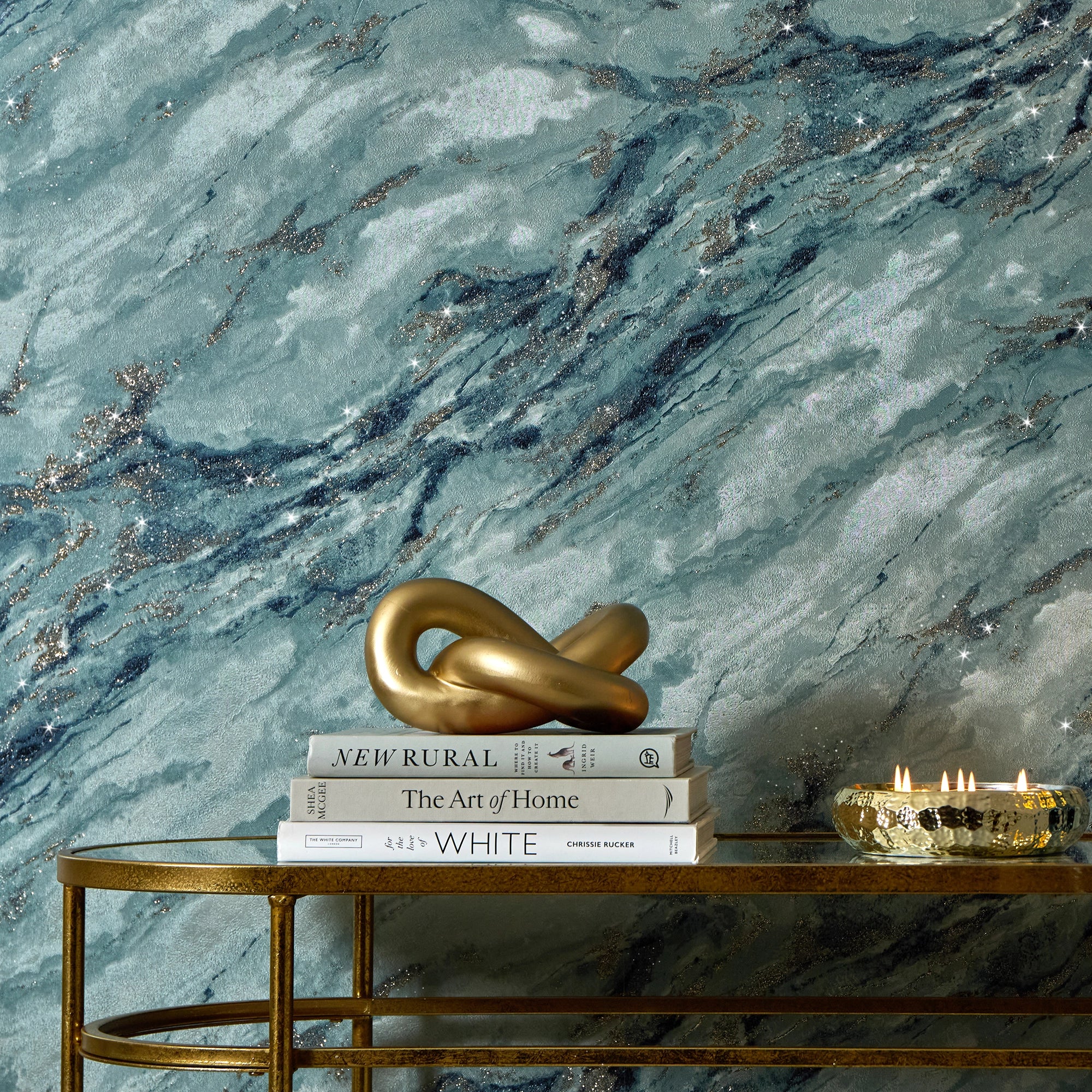 Decadence Wallpaper in Teal and Blue with Gold Glitter - Image 3