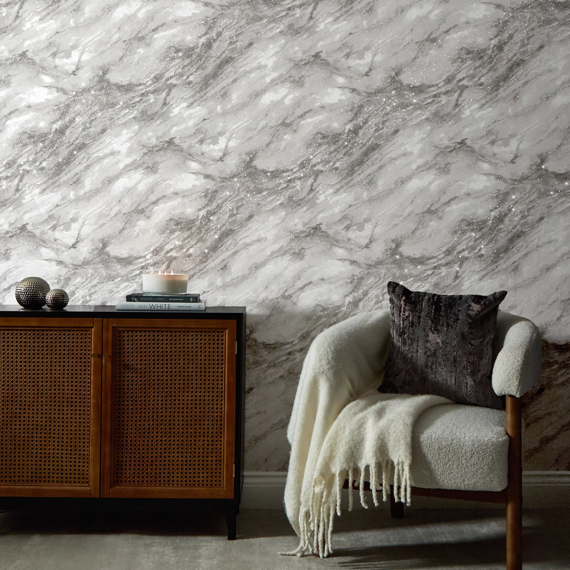 Decadence Wallpaper in White and Grey with Silver Glitter - Image 2