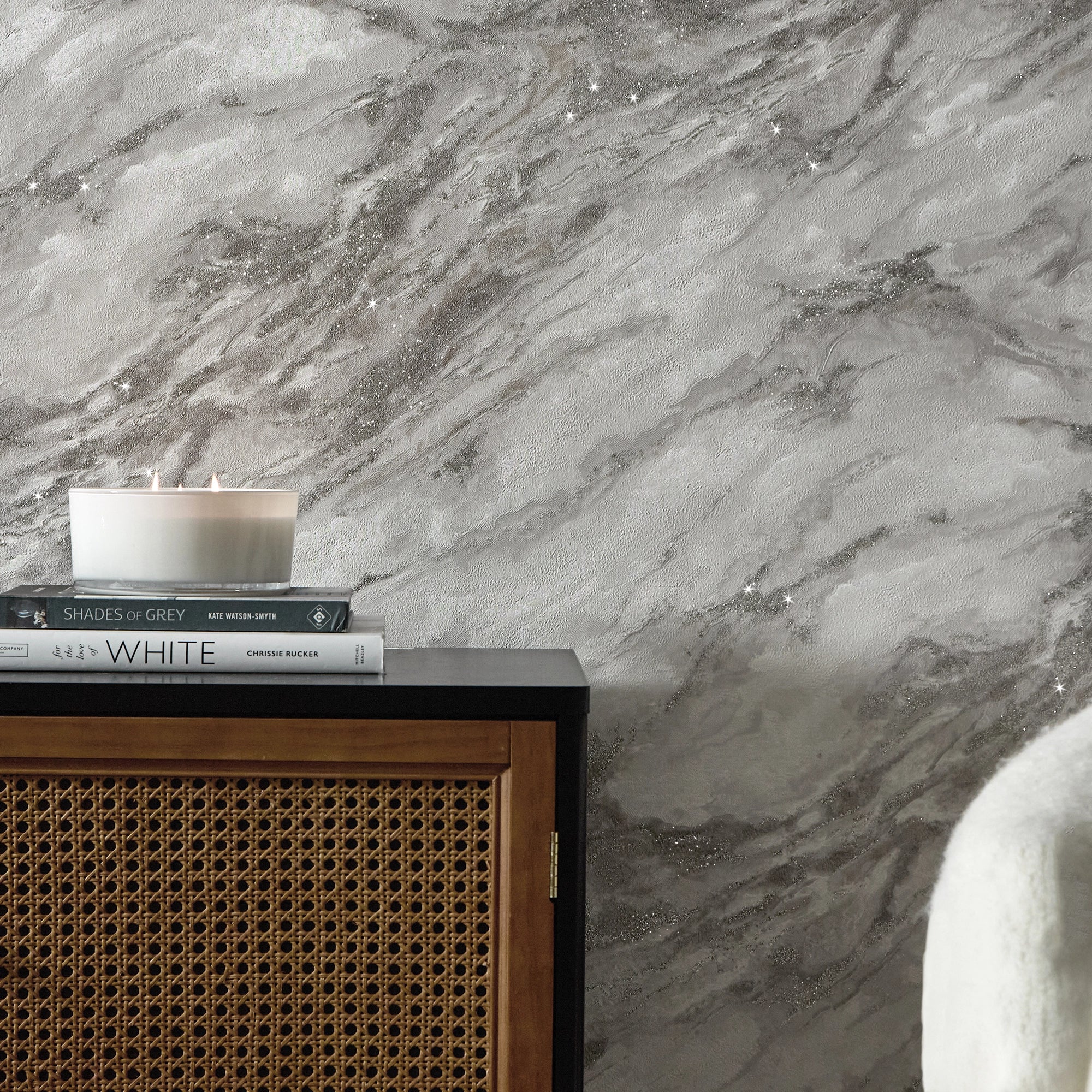 Decadence Wallpaper in White and Grey with Silver Glitter - Image 3