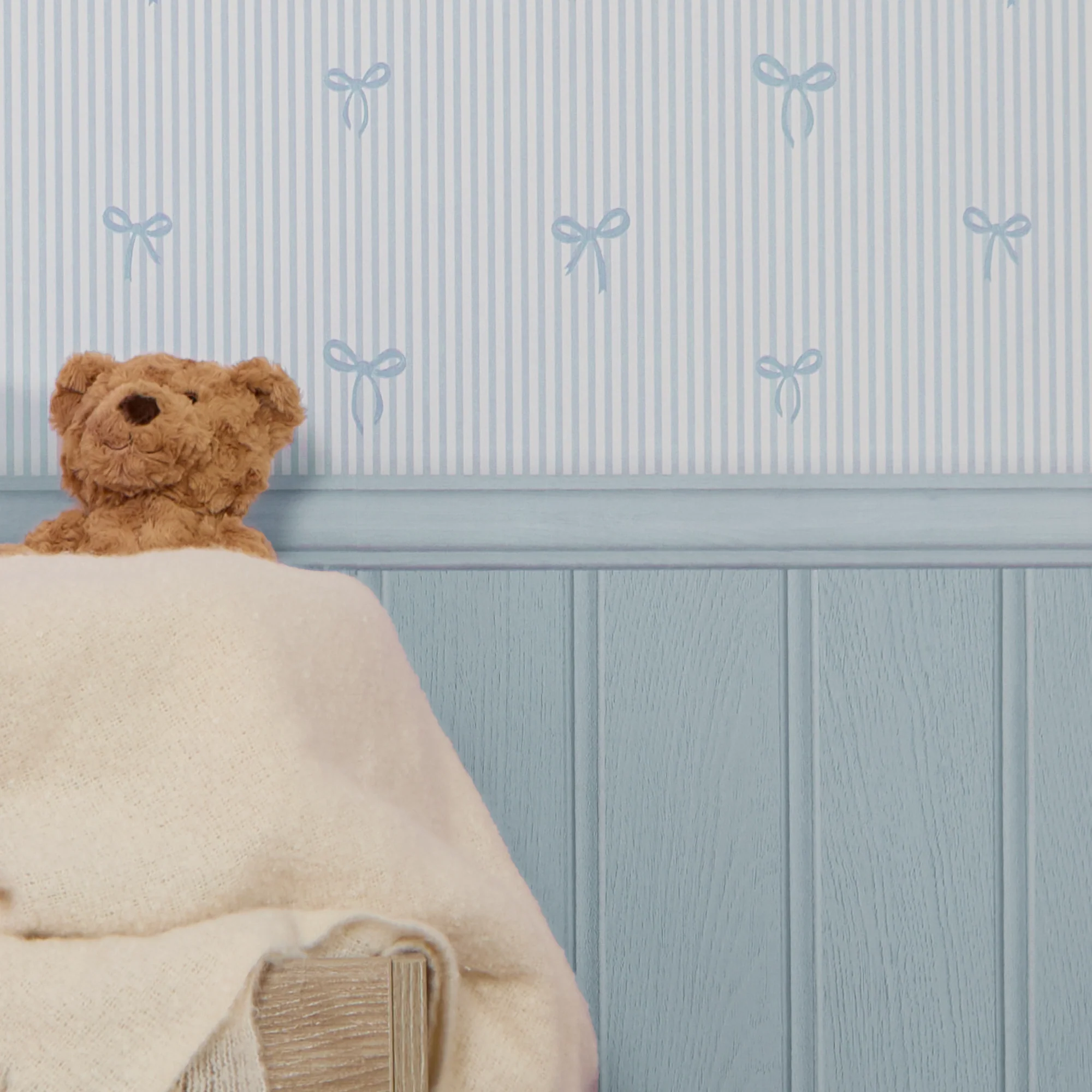 Delicate Bows on Pinstripe Panel Wallpaper in Blue with Blue Panel - Image 3