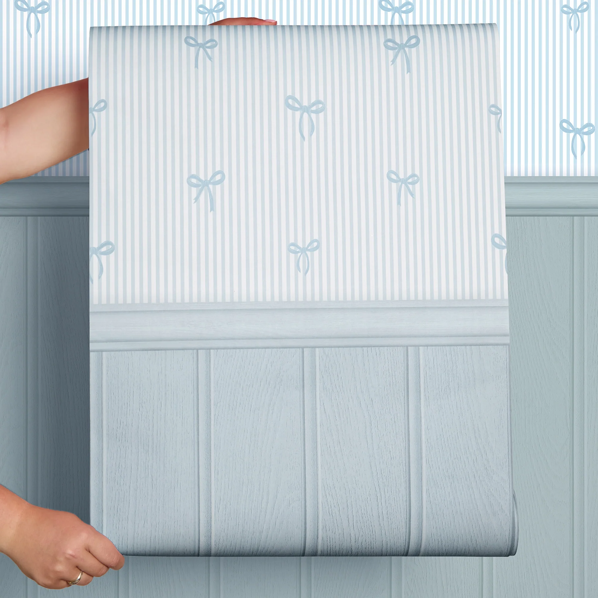 Delicate Bows on Pinstripe Panel Wallpaper in Blue with Blue Panel - Image 4