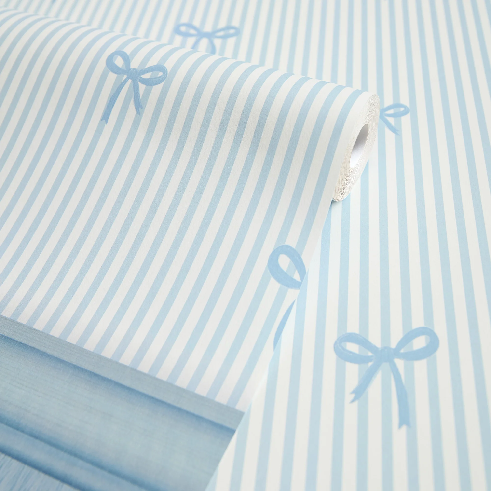 Delicate Bows on Pinstripe Panel Wallpaper in Blue with Blue Panel - Image 5