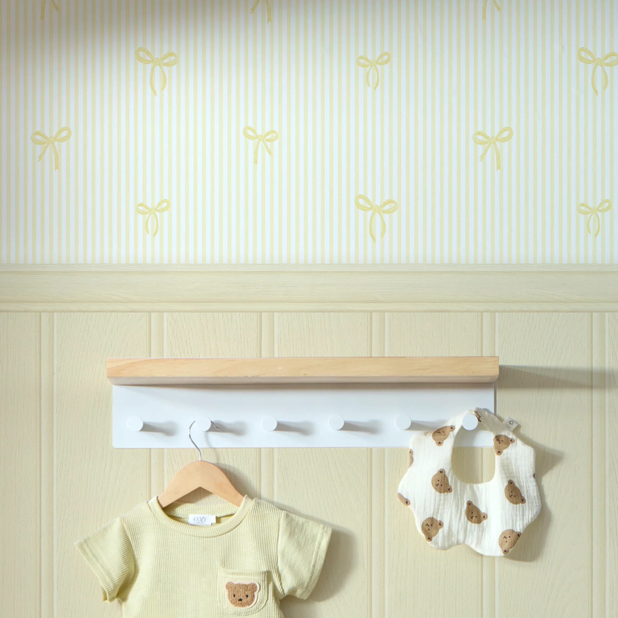 Delicate Bows on Pinstripe Panel Wallpaper in Lemon with Lemon Yellow Panel - Image 3