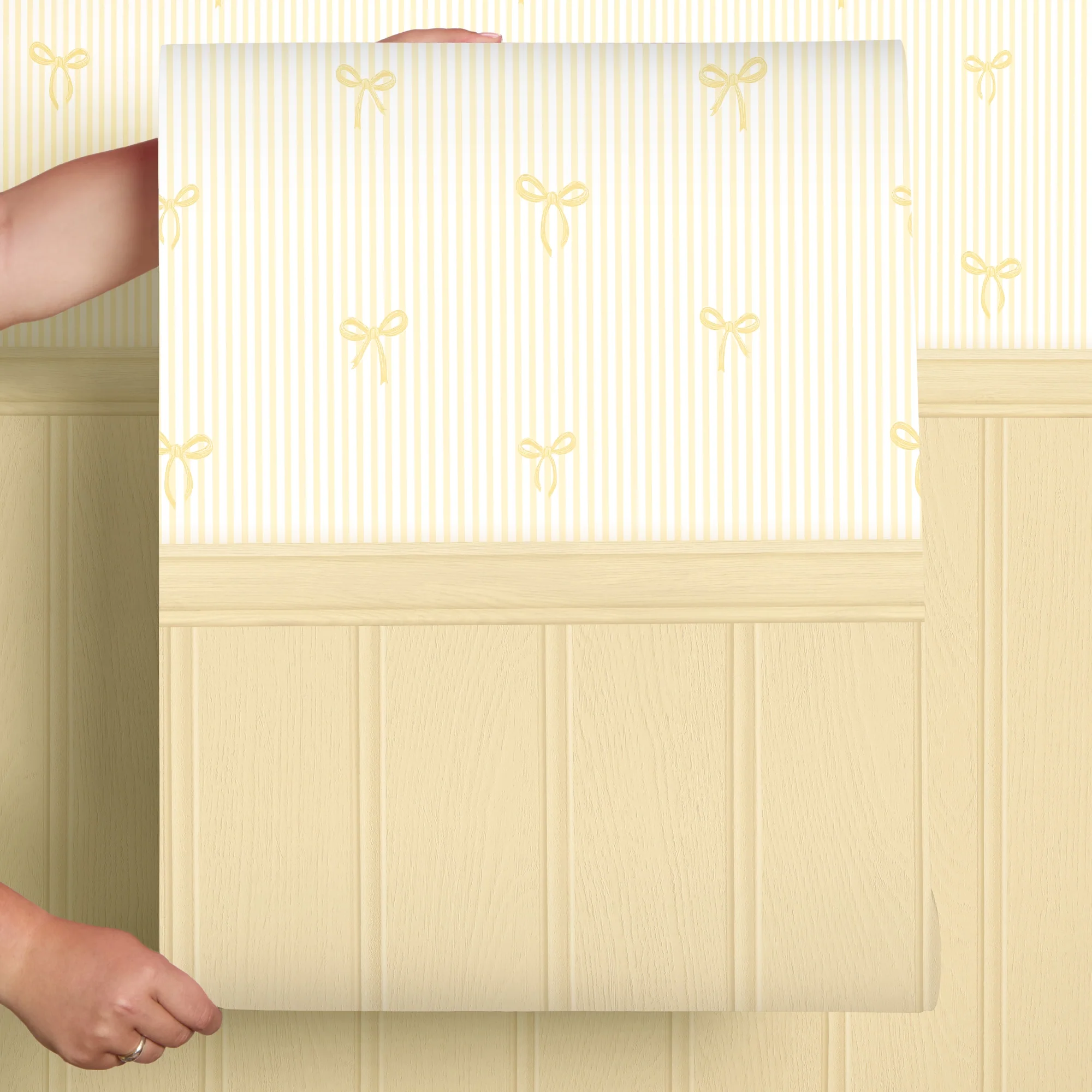 Delicate Bows on Pinstripe Panel Wallpaper in Lemon with Lemon Yellow Panel - Image 4