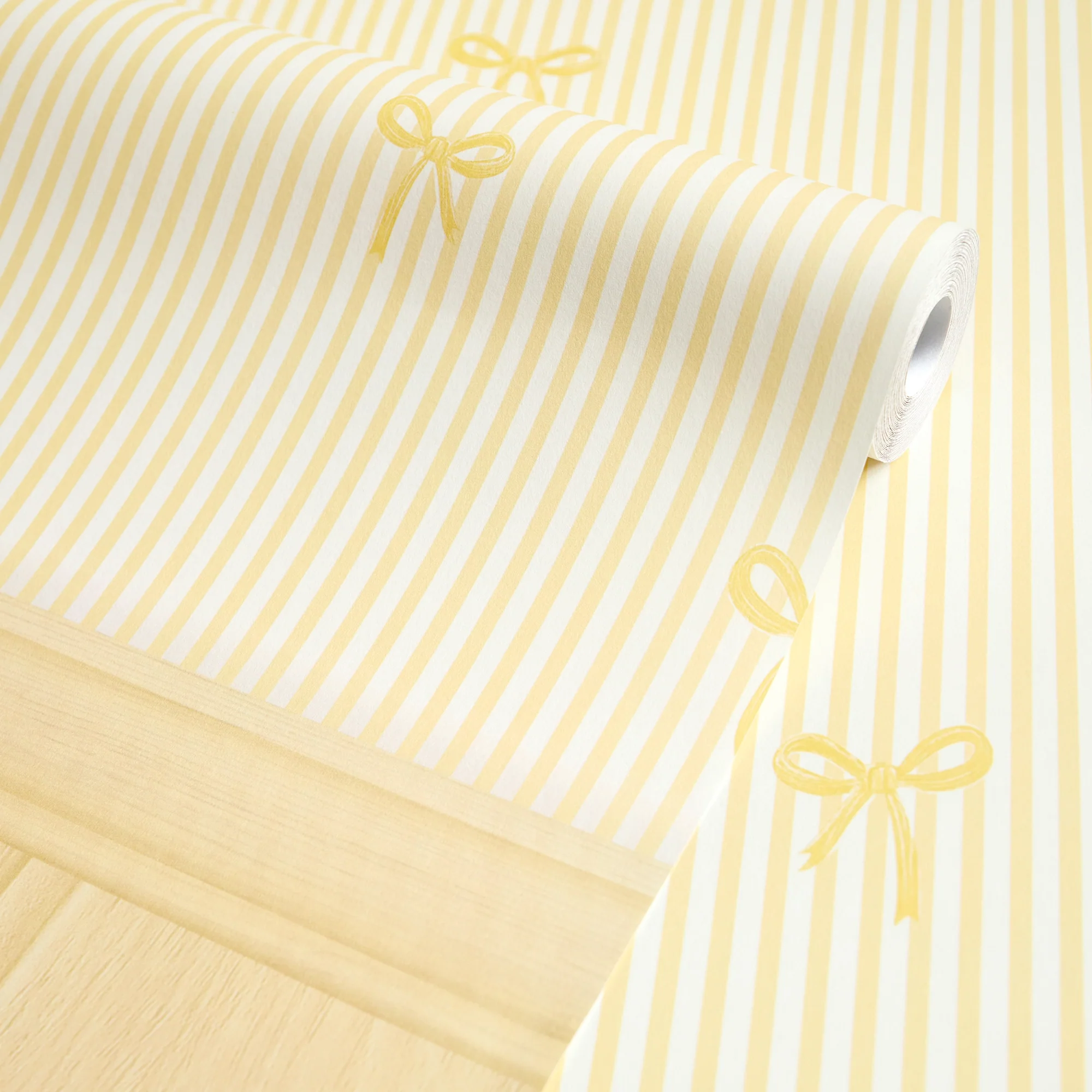 Delicate Bows on Pinstripe Panel Wallpaper in Lemon with Lemon Yellow Panel - Image 5