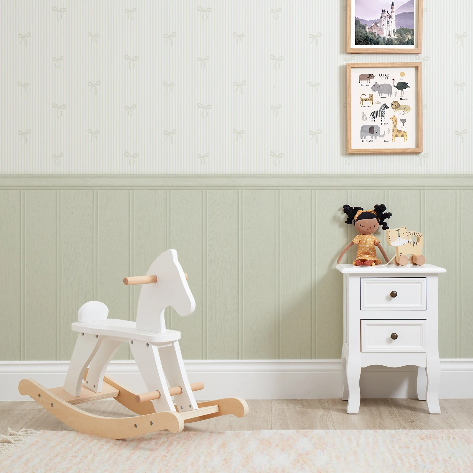 Delicate Bows on Pinstripe Panel Wallpaper in Mint Green with Green Panel