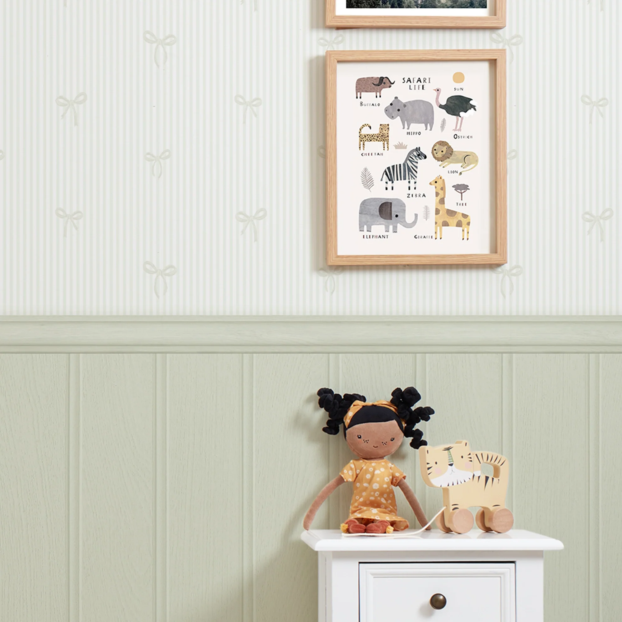 Delicate Bows on Pinstripe Panel Wallpaper in Mint Green with Green Panel - Image 3