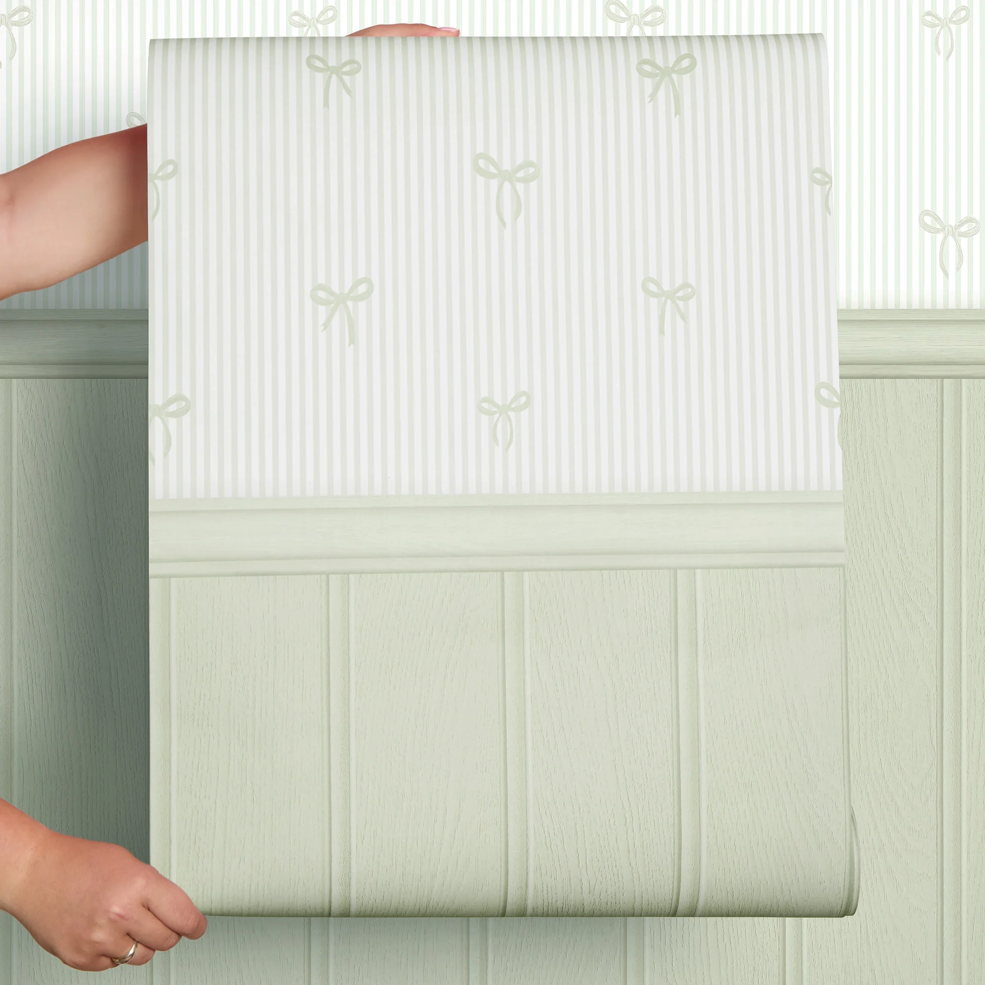 Delicate Bows on Pinstripe Panel Wallpaper in Mint Green with Green Panel - Image 4