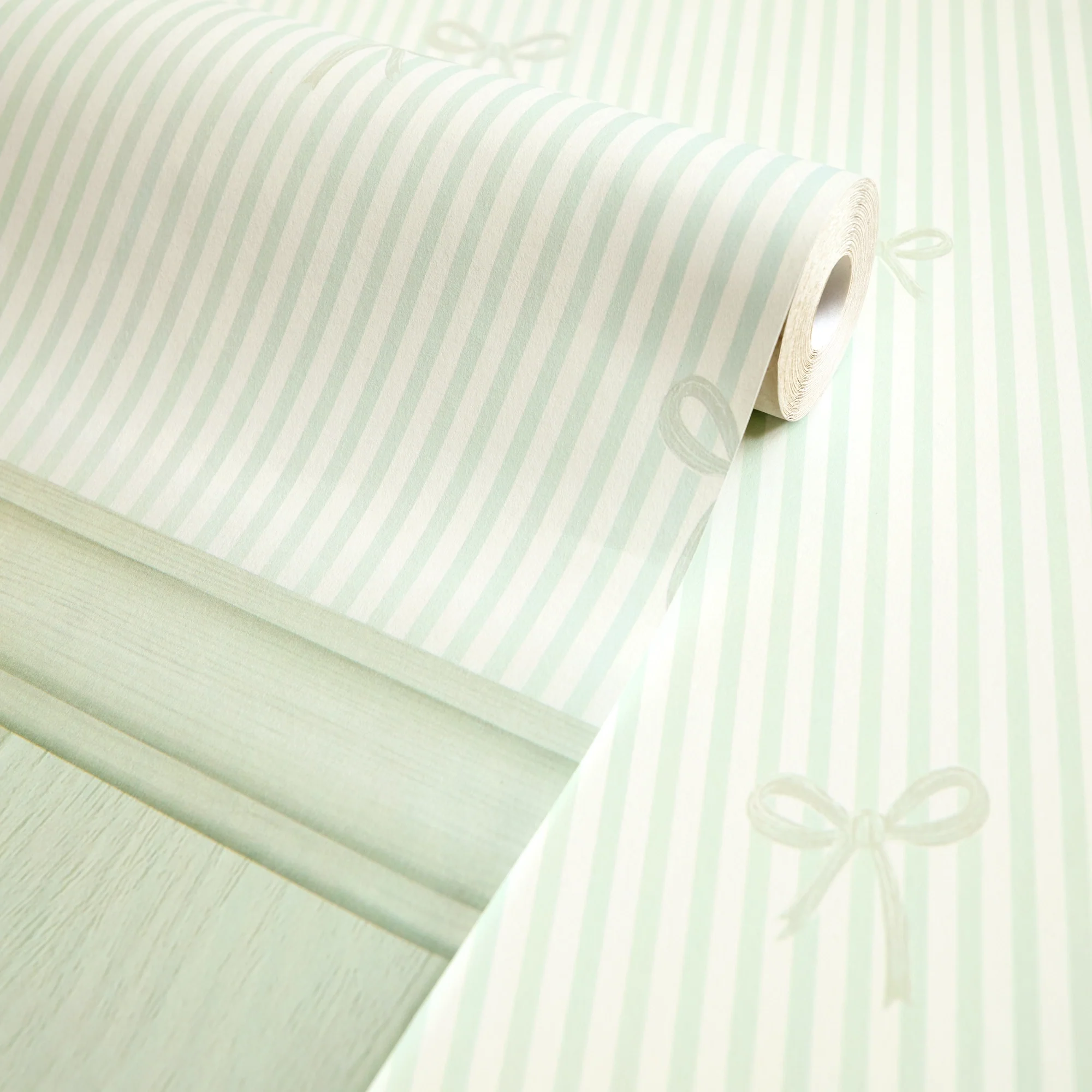 Delicate Bows on Pinstripe Panel Wallpaper in Mint Green with Green Panel - Image 5