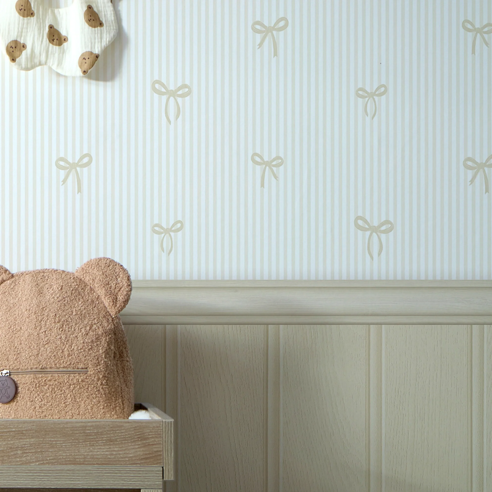 Delicate Bows on Pinstripe Panel Wallpaper in Natural with Cream Panel - Image 3