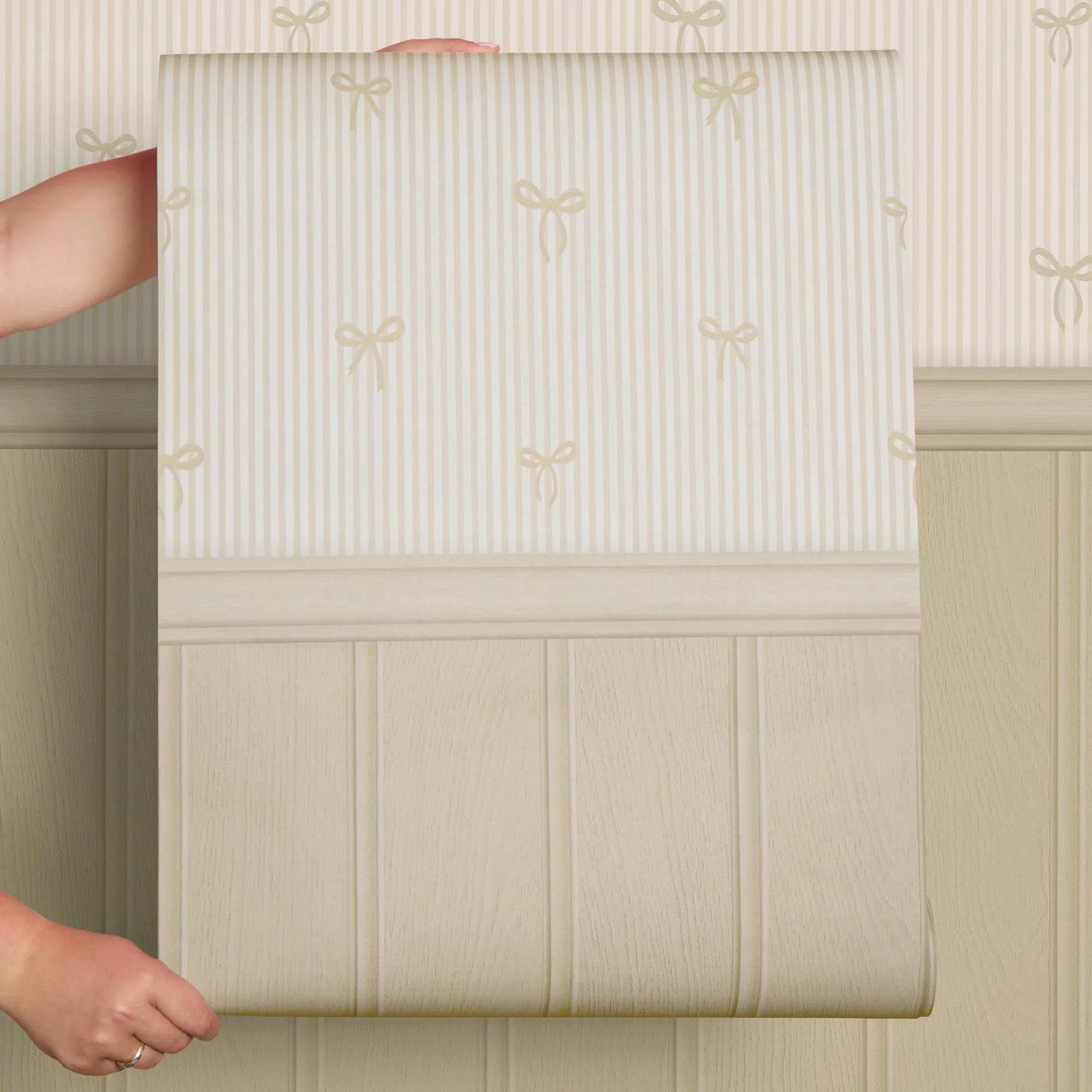 Delicate Bows on Pinstripe Panel Wallpaper in Natural with Cream Panel - Image 4