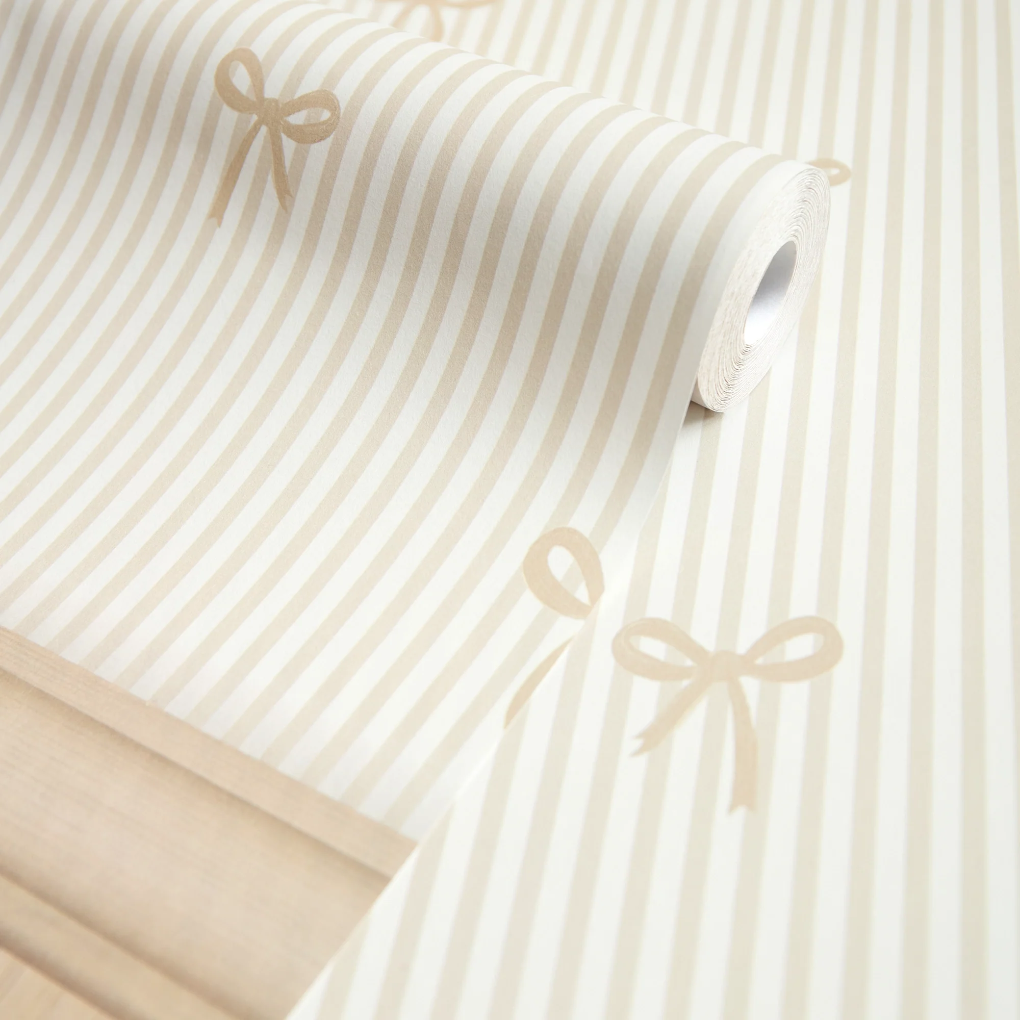 Delicate Bows on Pinstripe Panel Wallpaper in Natural with Cream Panel - Image 5