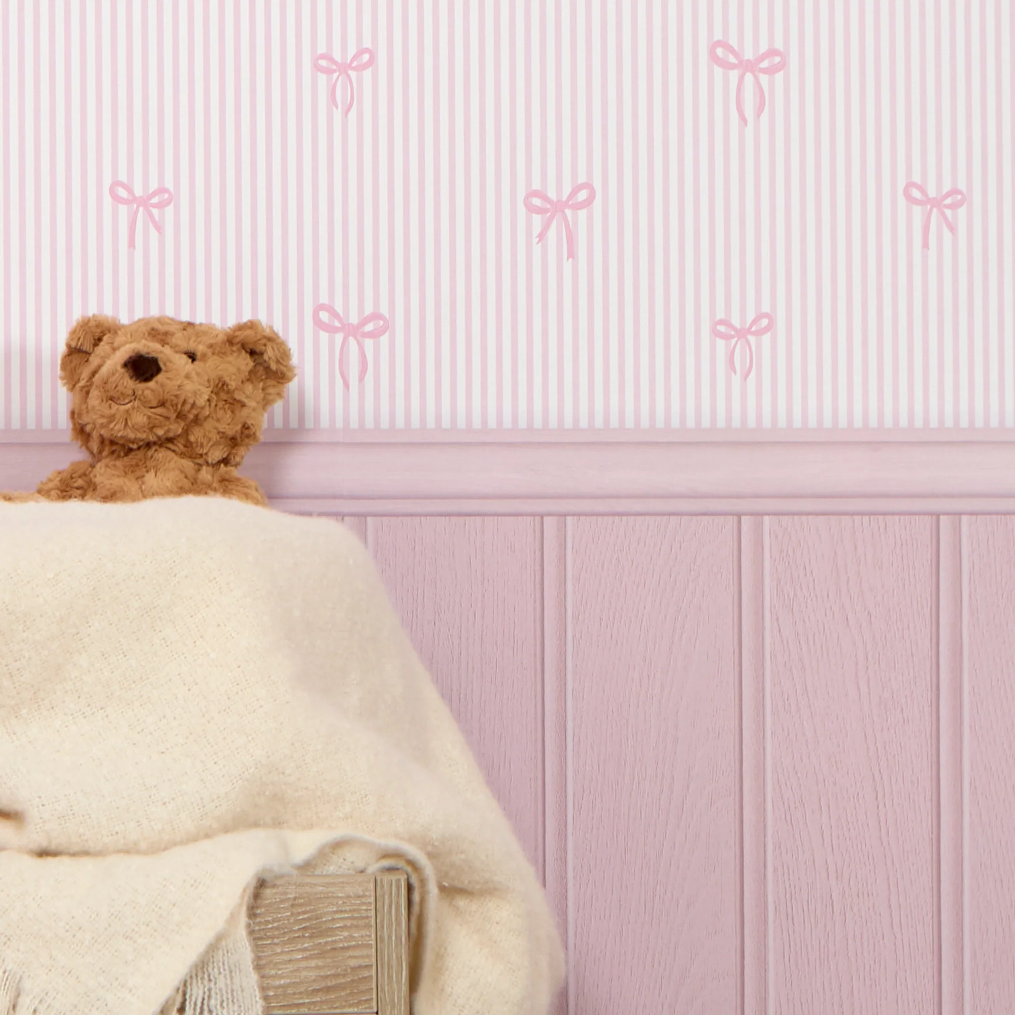 Delicate Bows on Pinstripe Panel Wallpaper in Pink with Pink Panel - Image 3