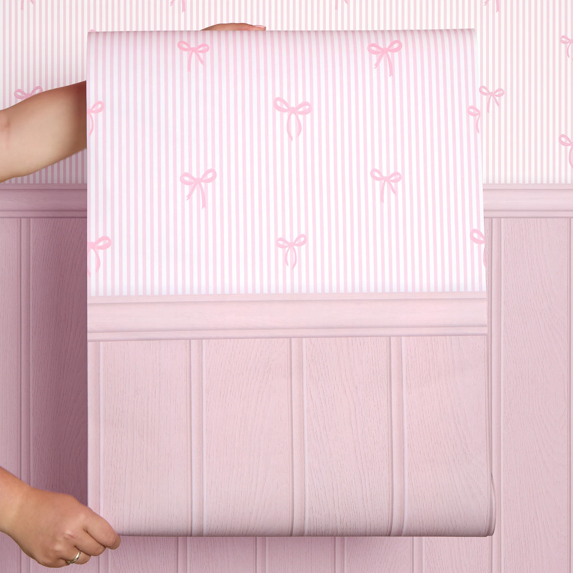 Delicate Bows on Pinstripe Panel Wallpaper in Pink with Pink Panel - Image 4