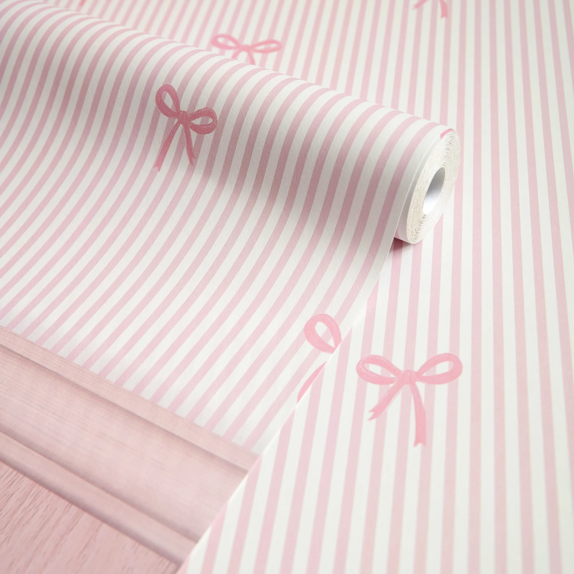 Delicate Bows on Pinstripe Panel Wallpaper in Pink with Pink Panel - Image 5