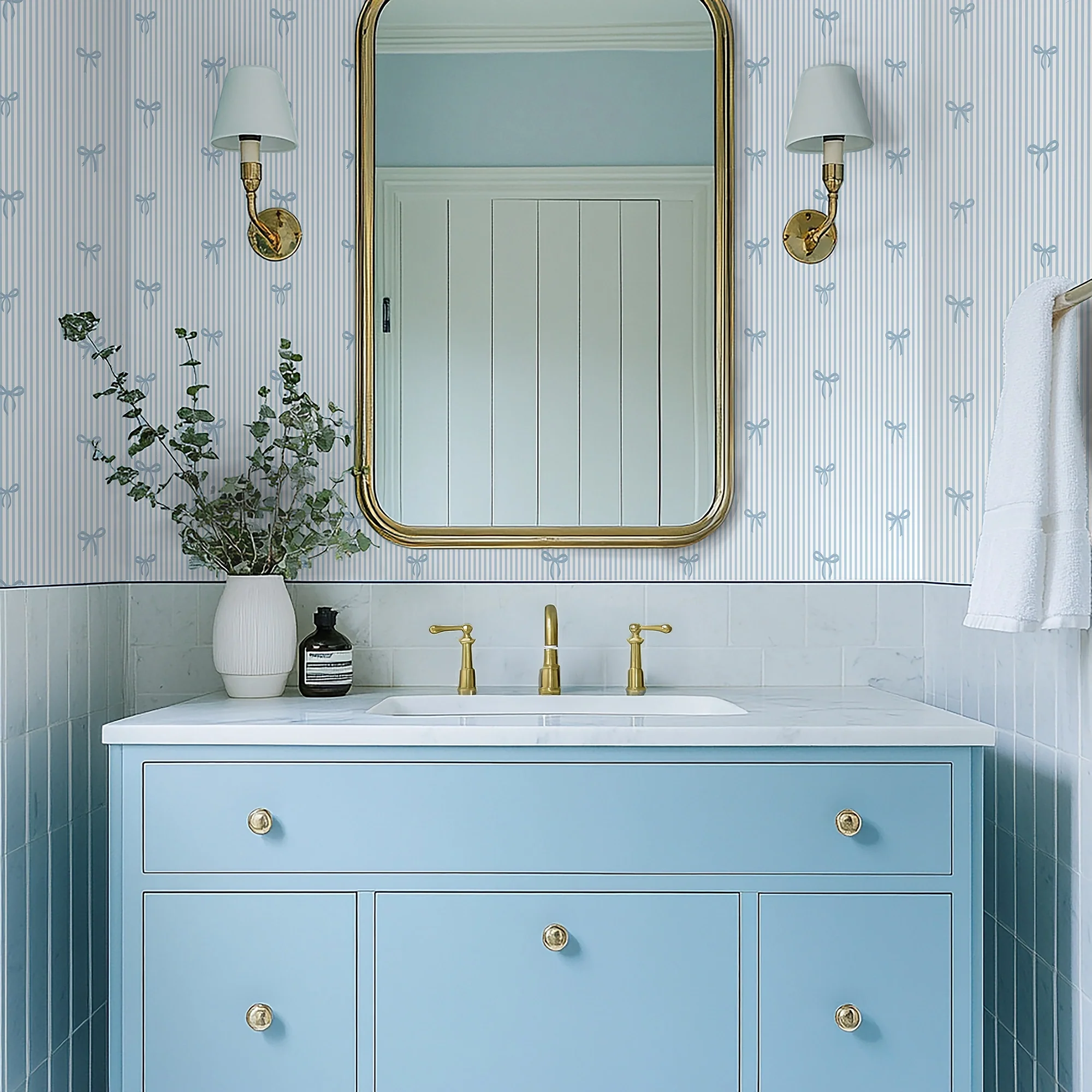 Delicate Bows on Pinstripe Wallpaper in Blue - Image 2