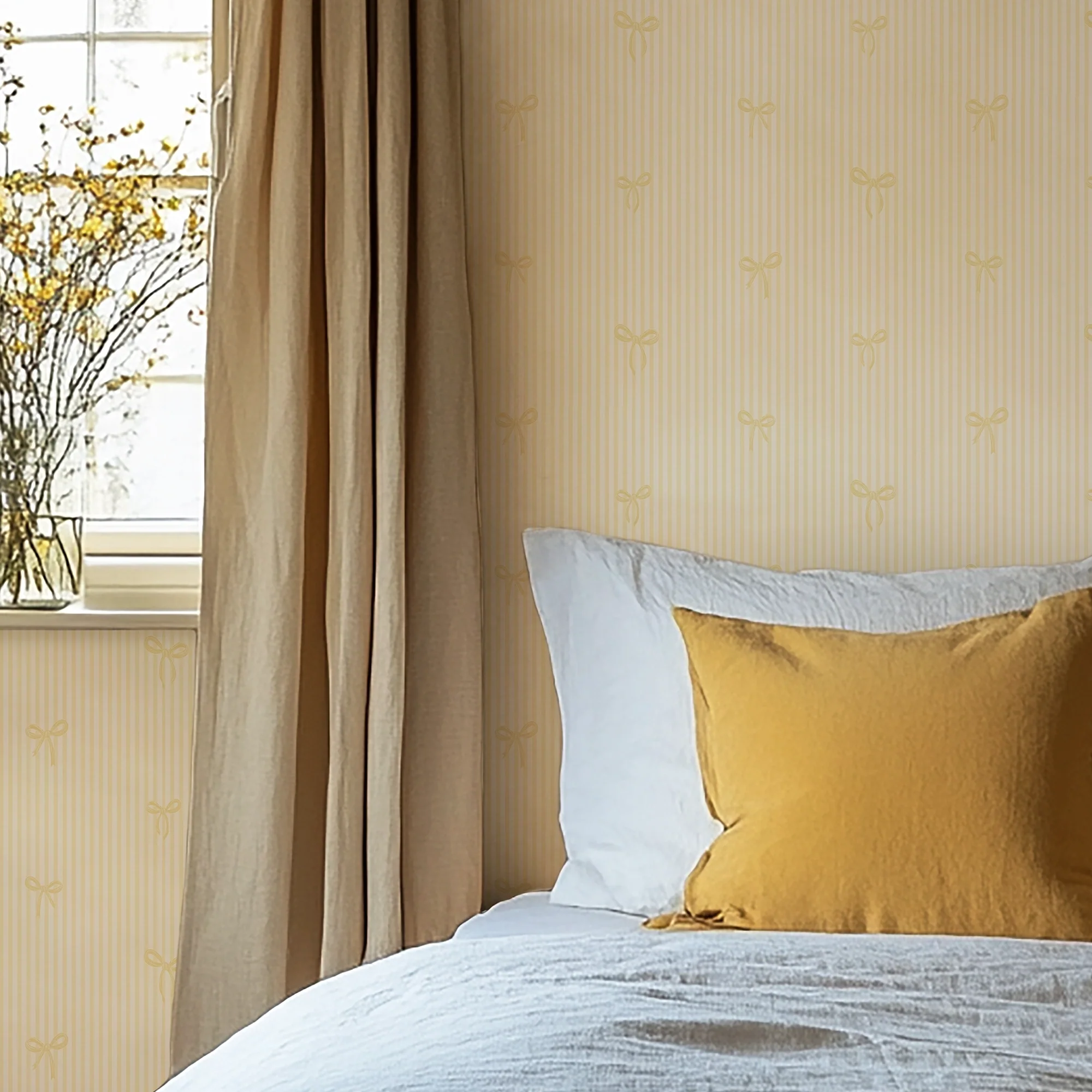 Delicate Bows on Pinstripe Wallpaper in Lemon - Image 3