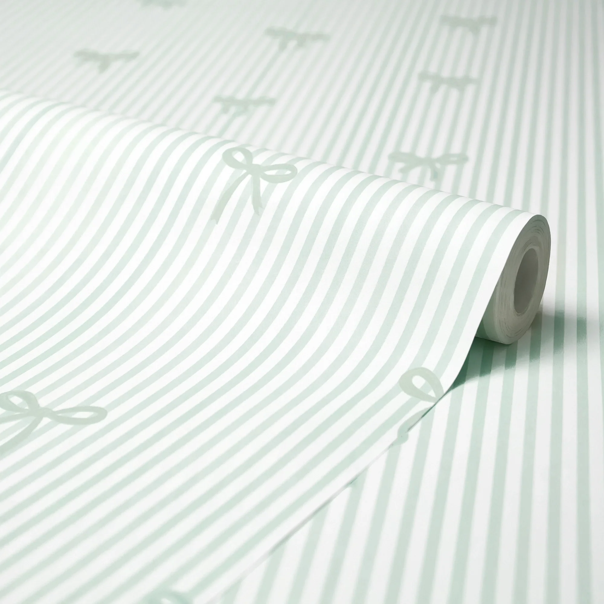 Delicate Bows on Pinstripe Wallpaper in Mint Green - Image 4