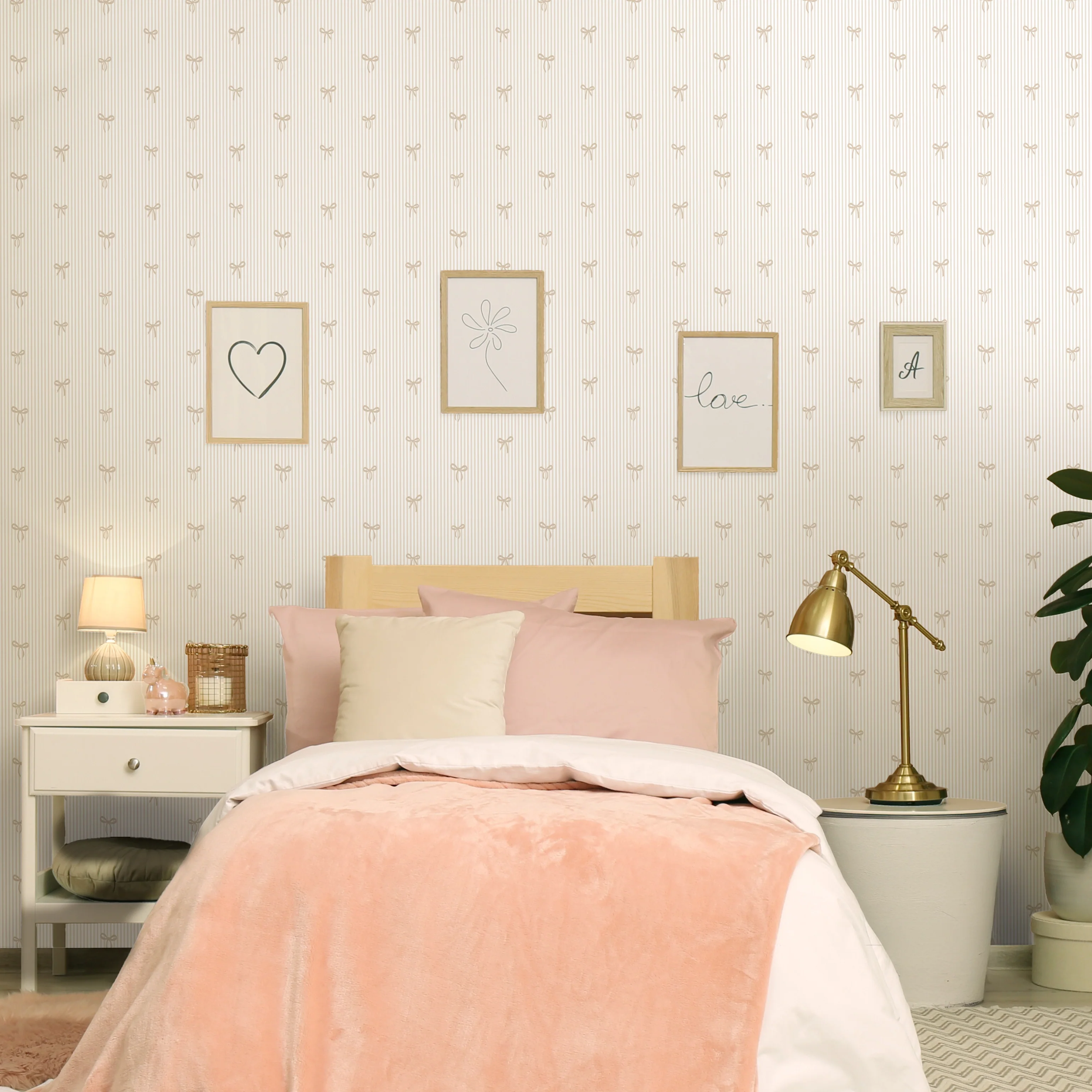 Delicate Bows on Pinstripe Wallpaper in Natural - Image 2