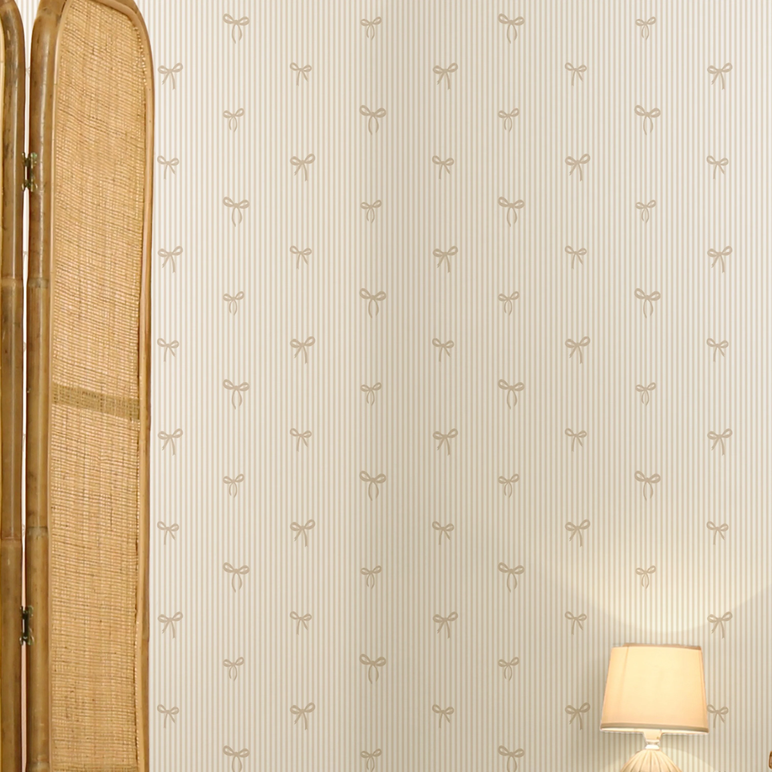 Delicate Bows on Pinstripe Wallpaper in Natural - Image 3
