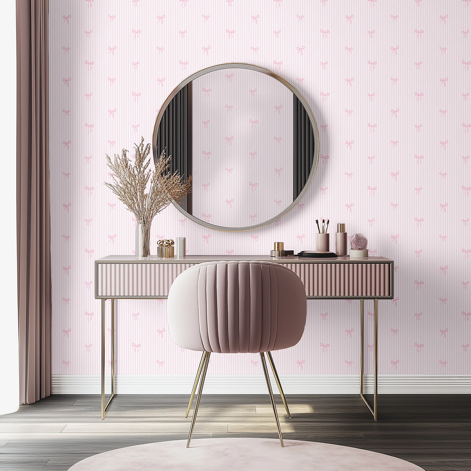 Delicate Bows on Pinstripe Wallpaper in Pink - Image 2