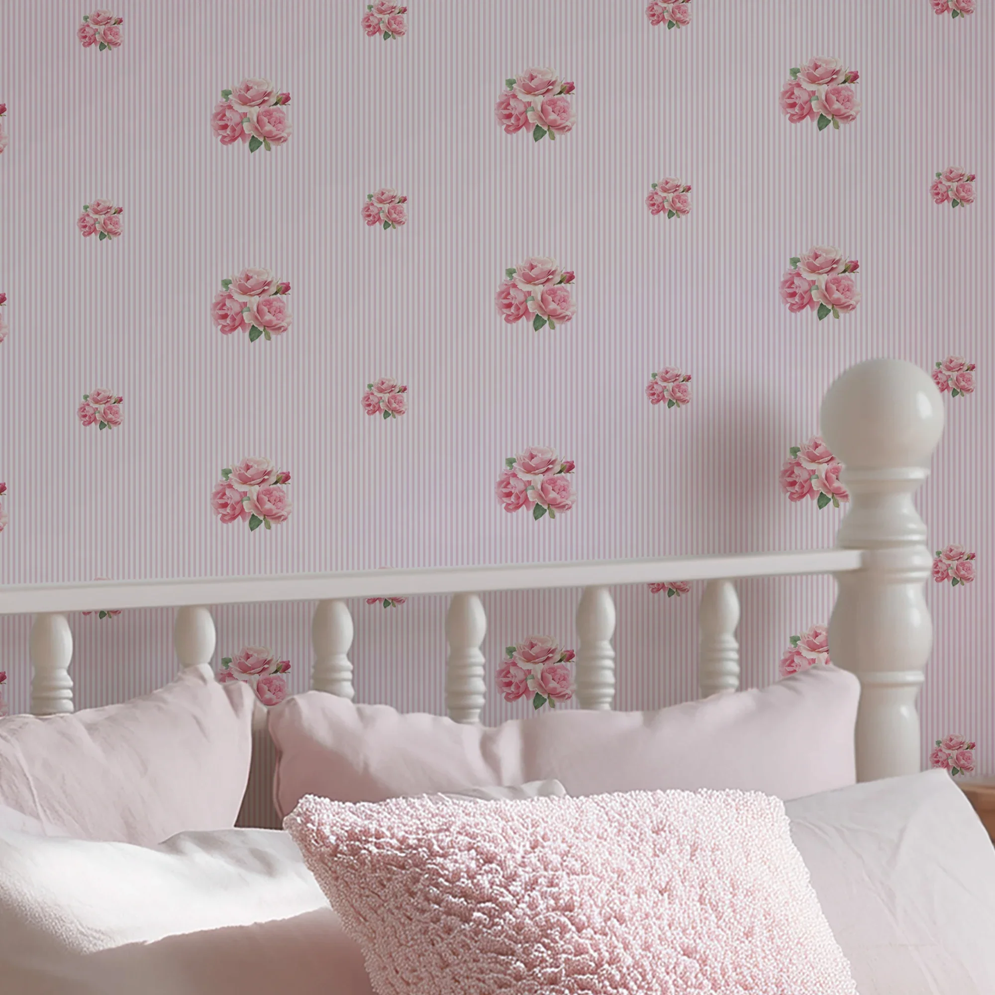 Delicate Posy on Pinstripe Wallpaper in Pink - Image 3