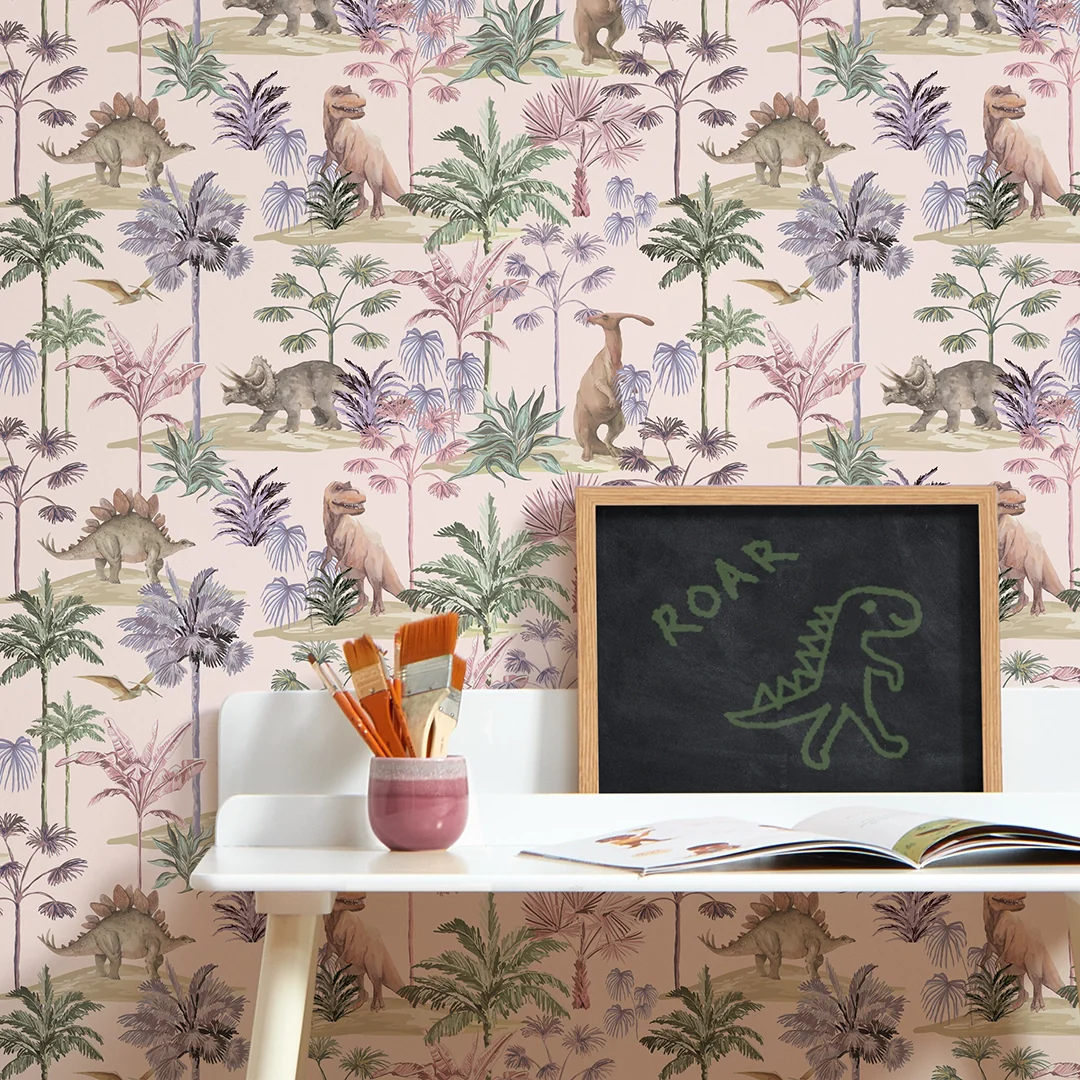 Dino Adventures Wallpaper in Soft Pink - Image 4