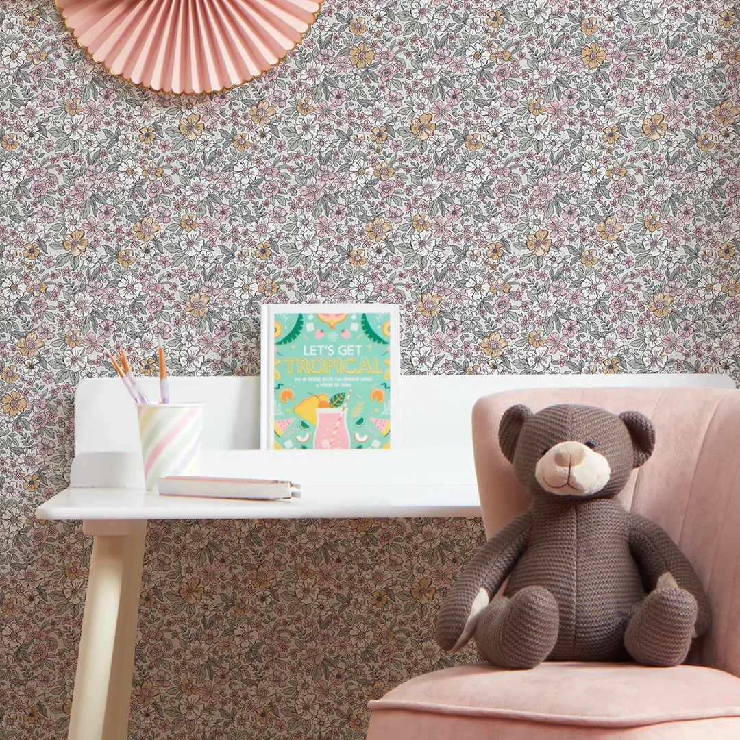 Ditsy Gardenia Wallpaper in Sage Green and Pink - Image 3