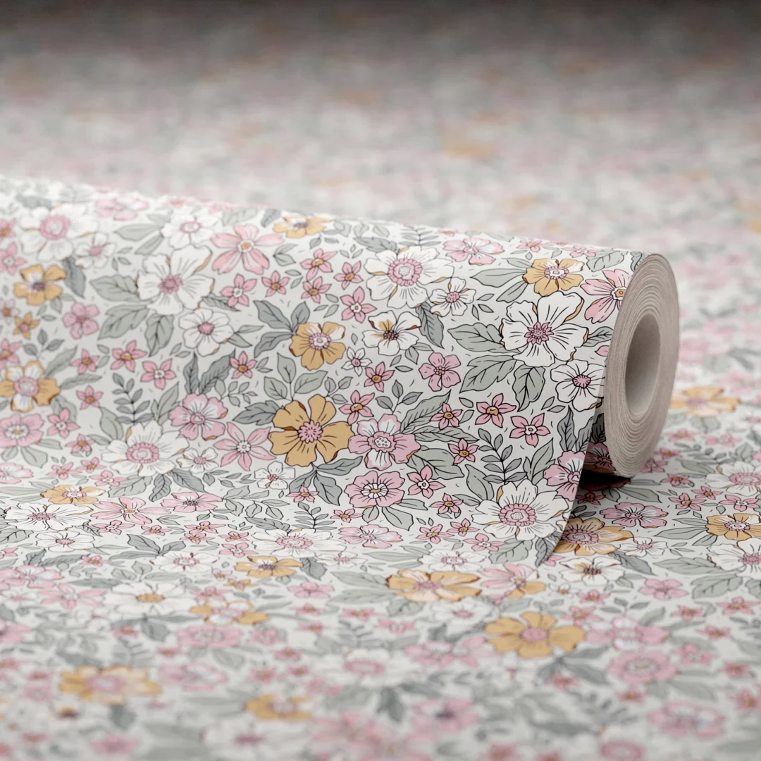 Ditsy Gardenia Wallpaper in Sage Green and Pink - Image 4