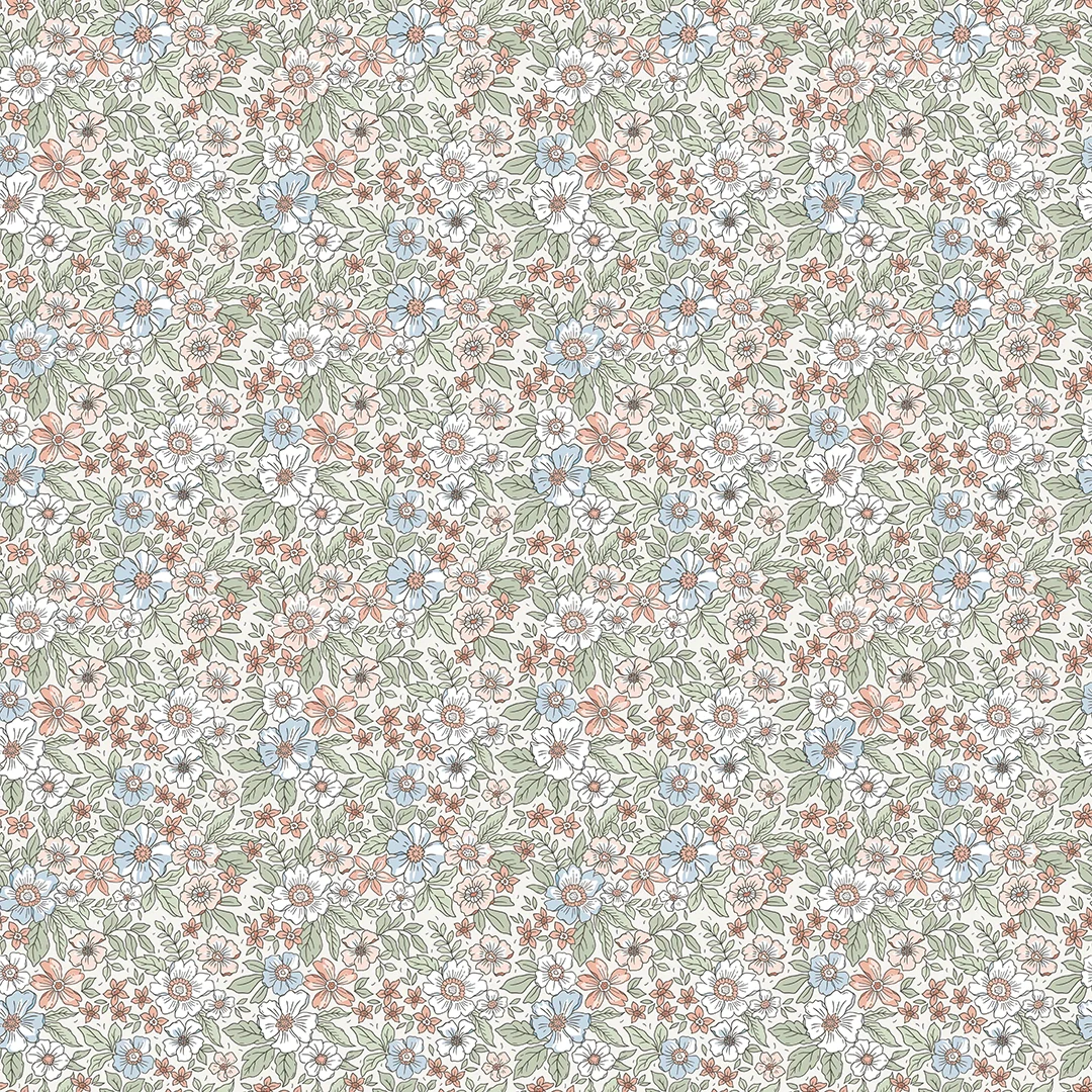 Ditsy Gardenia Wallpaper in Sage, Soft Blues and Peach
