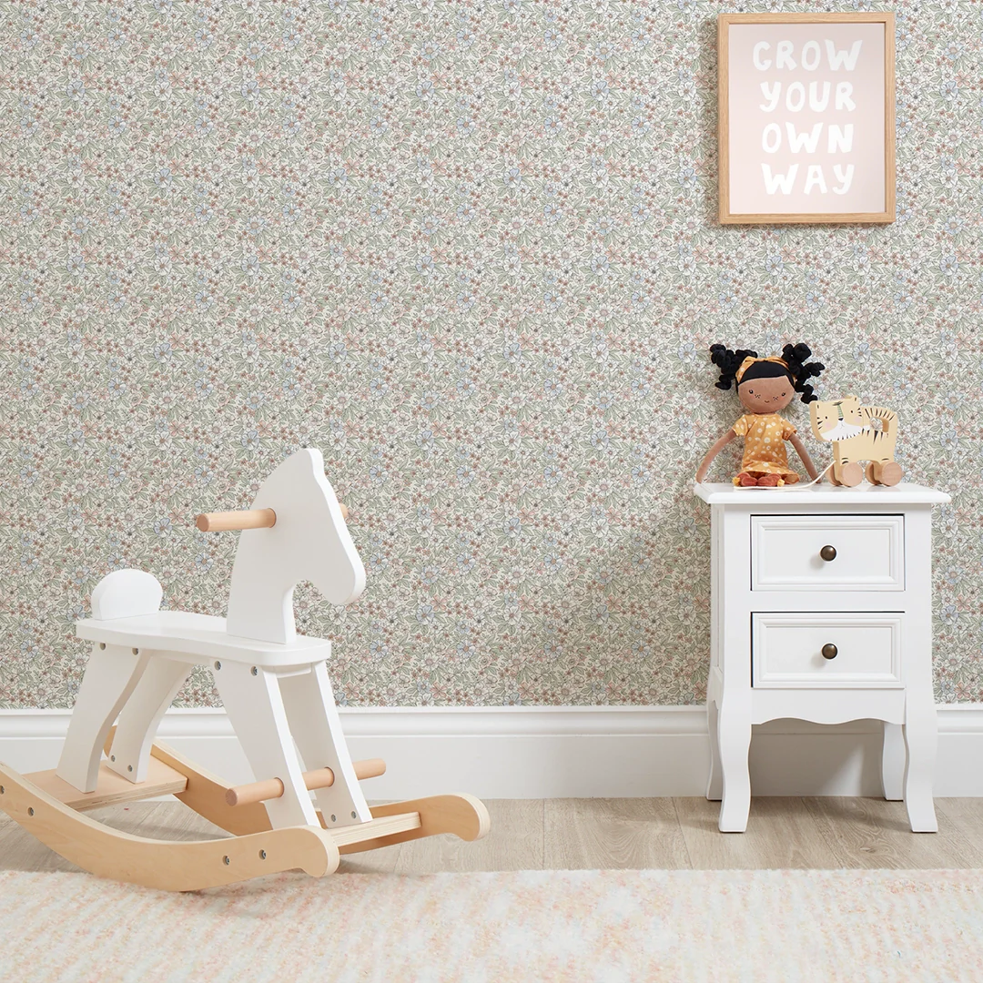 Ditsy Gardenia Wallpaper in Sage, Soft Blues and Peach - Image 2