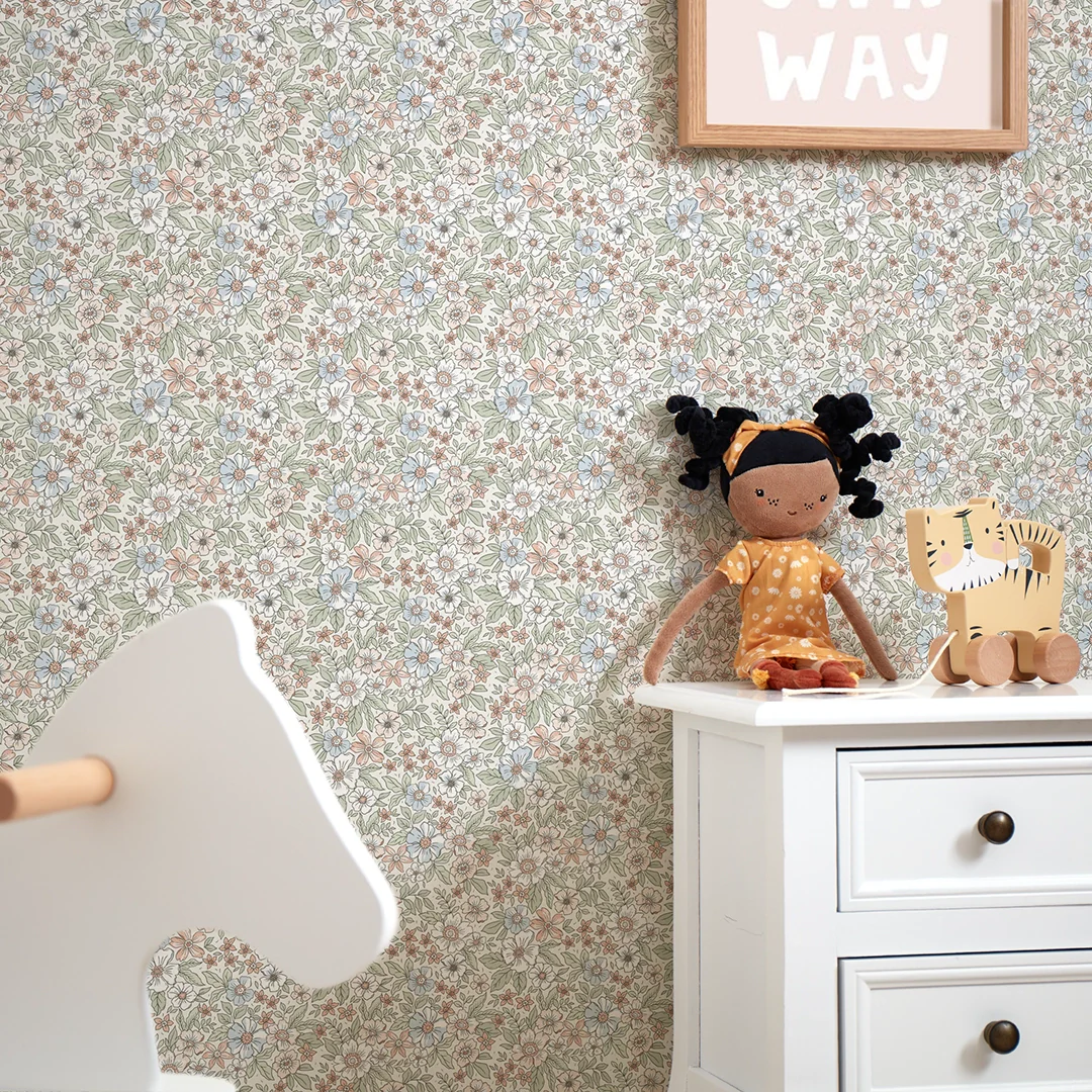 Ditsy Gardenia Wallpaper in Sage, Soft Blues and Peach - Image 3