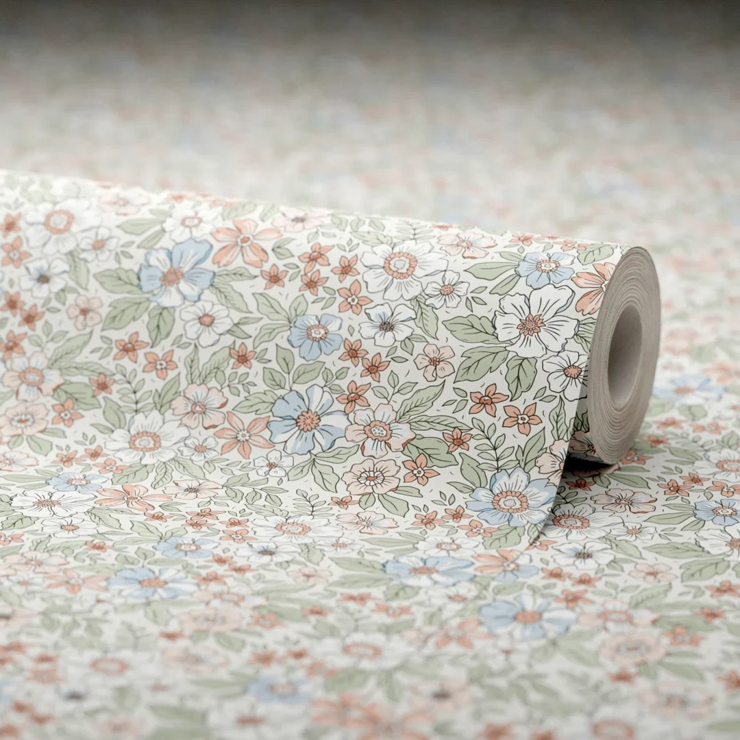 Ditsy Gardenia Wallpaper in Sage, Soft Blues and Peach - Image 4